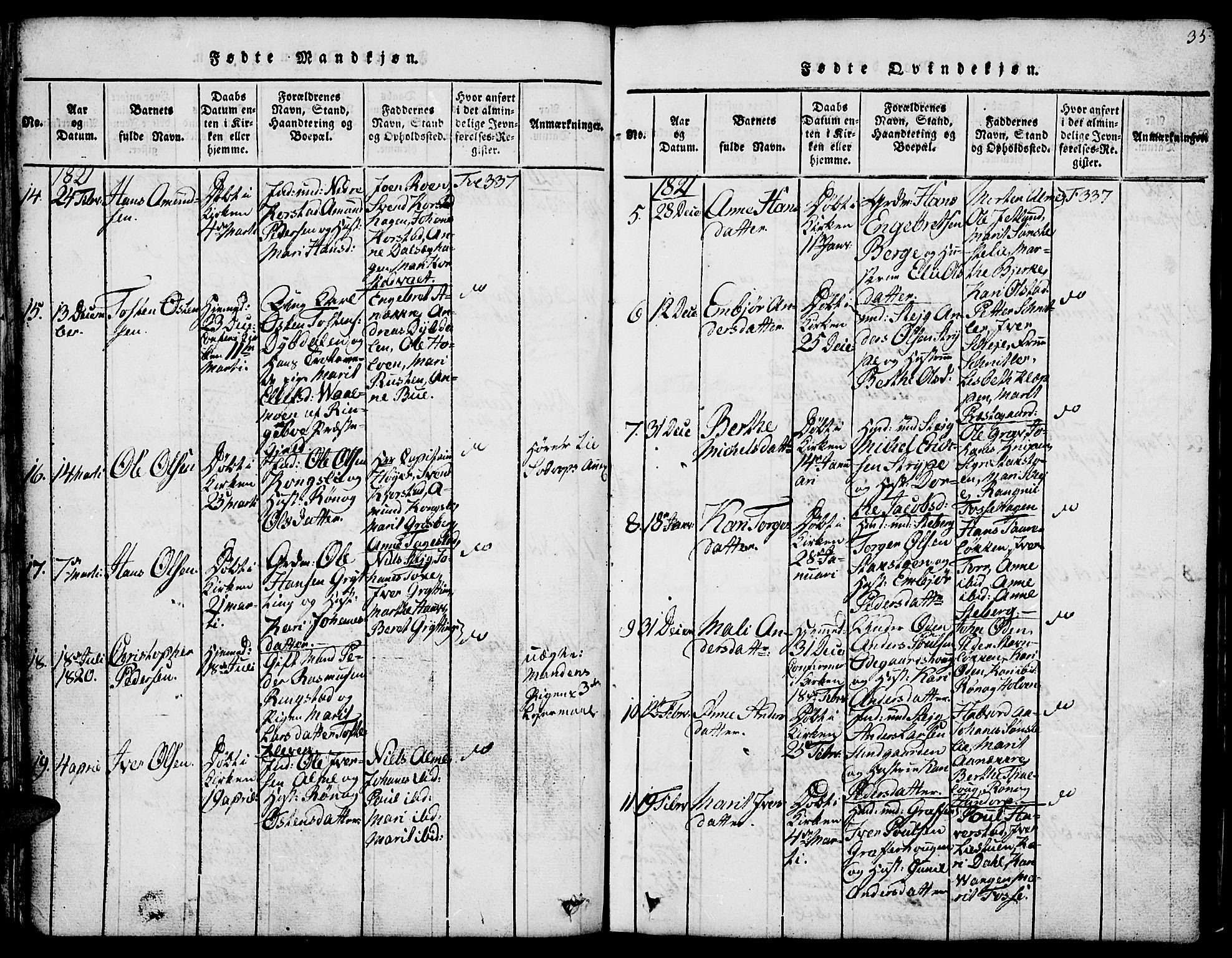 Fron prestekontor, SAH/PREST-078/H/Ha/Hab/L0001: Parish register (copy) no. 1, 1816-1843, p. 35