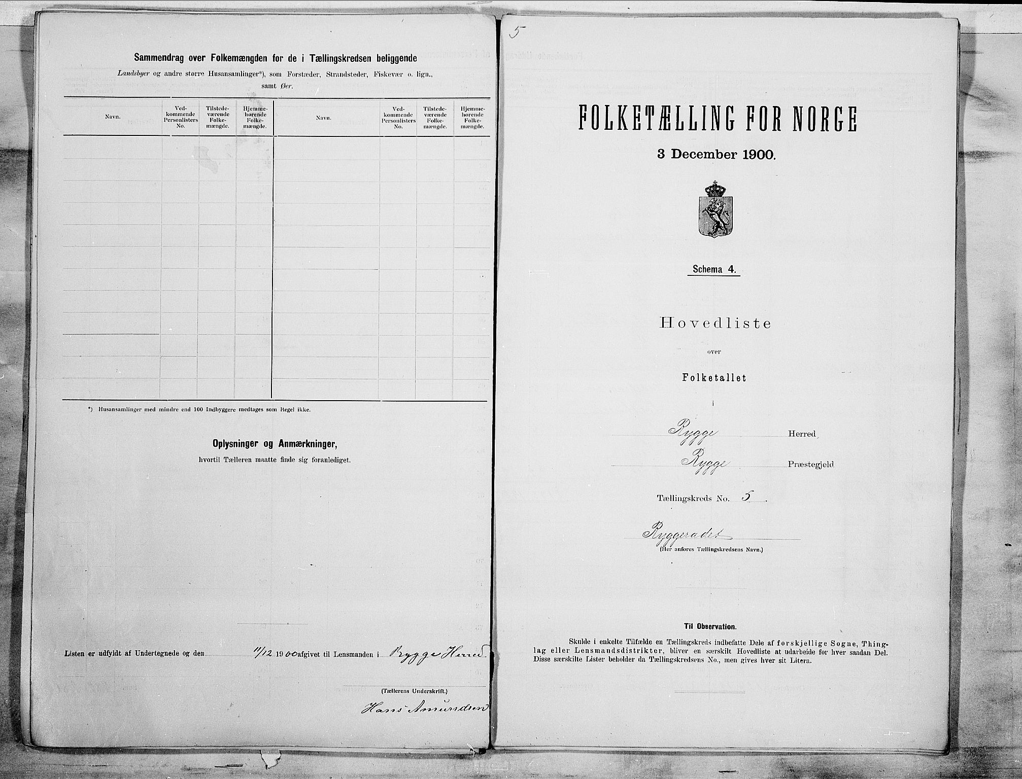 SAO, 1900 census for Rygge, 1900, p. 12