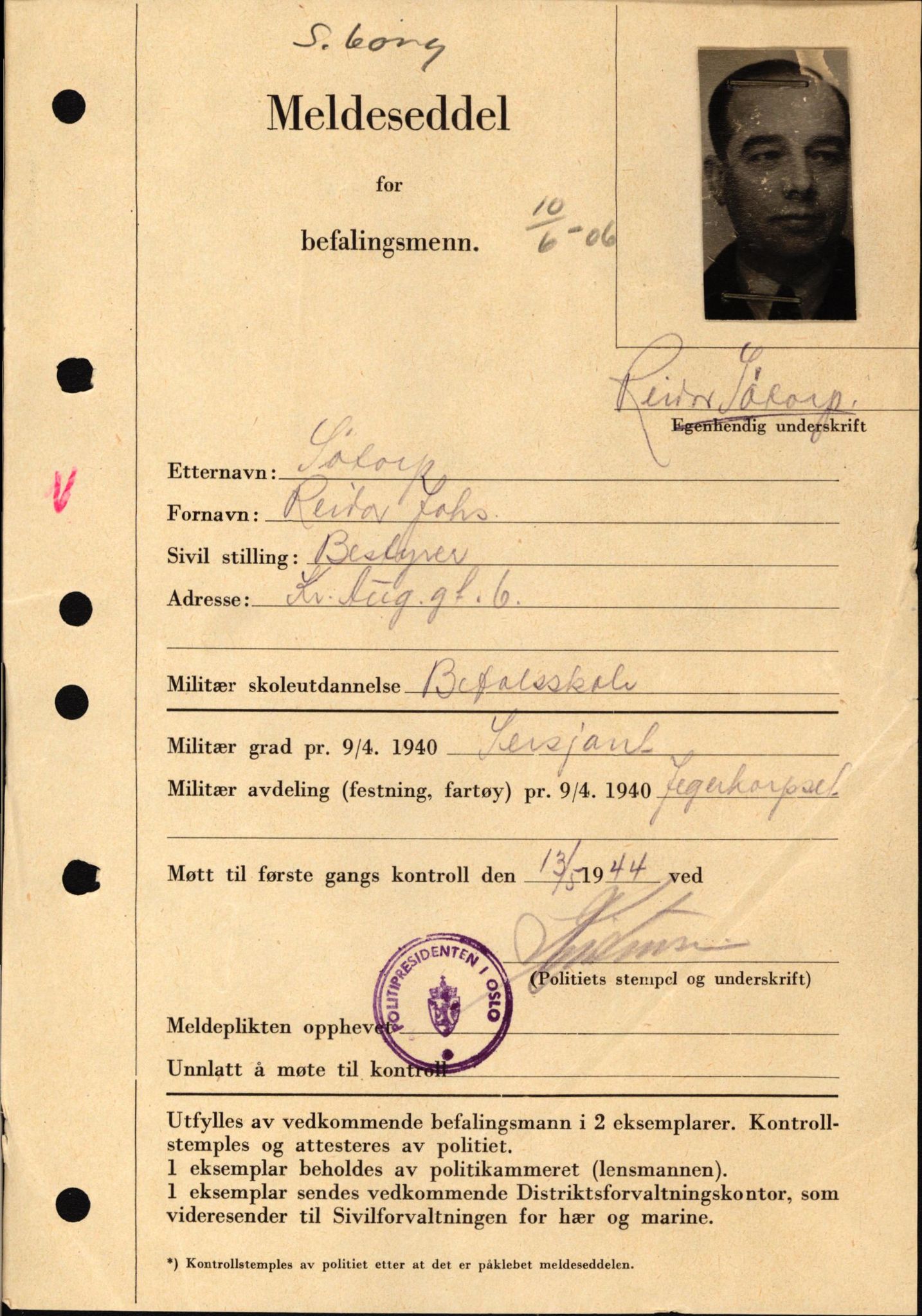 Forsvaret, Forsvarets krigshistoriske avdeling, AV/RA-RAFA-2017/Y/Yf/L0209: II-C-11-2121  -  Okkupasjonstiden.  Meldesedler for befal med foto og oppl. om militær grad 9. apr. 1940., 1944-1945, p. 1035