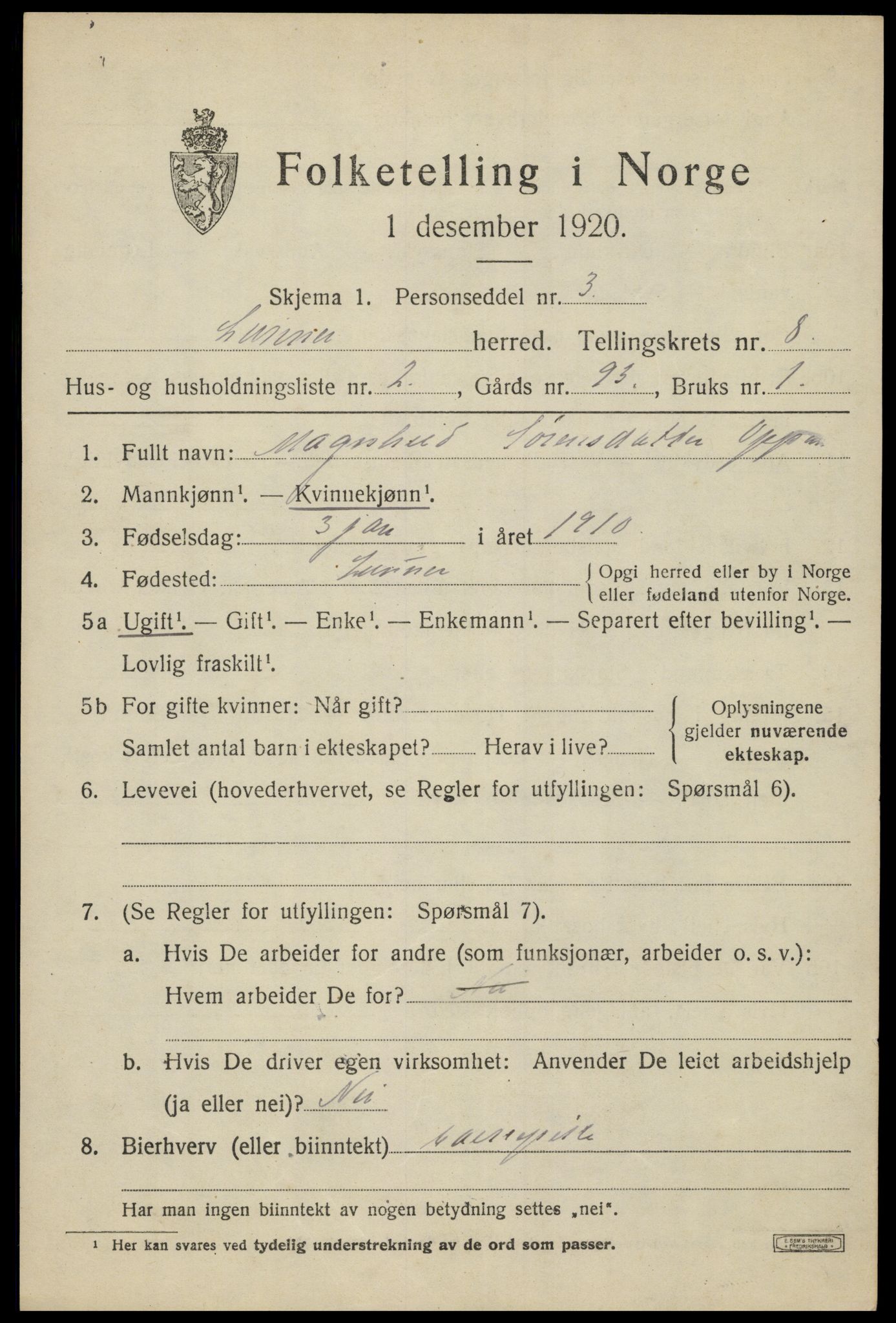 SAH, 1920 census for Lunner, 1920, p. 8985