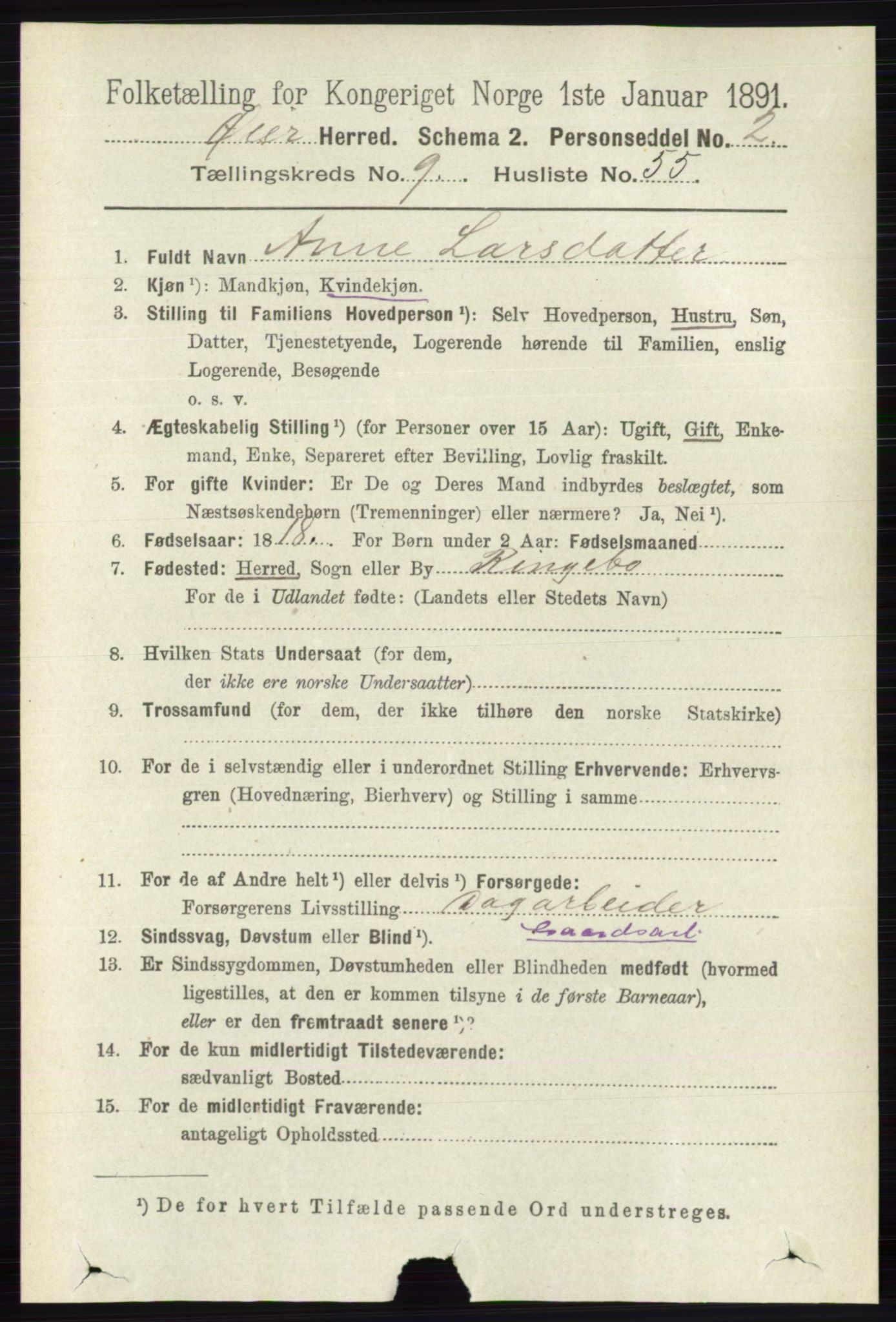 RA, 1891 census for 0521 Øyer, 1891, p. 3426