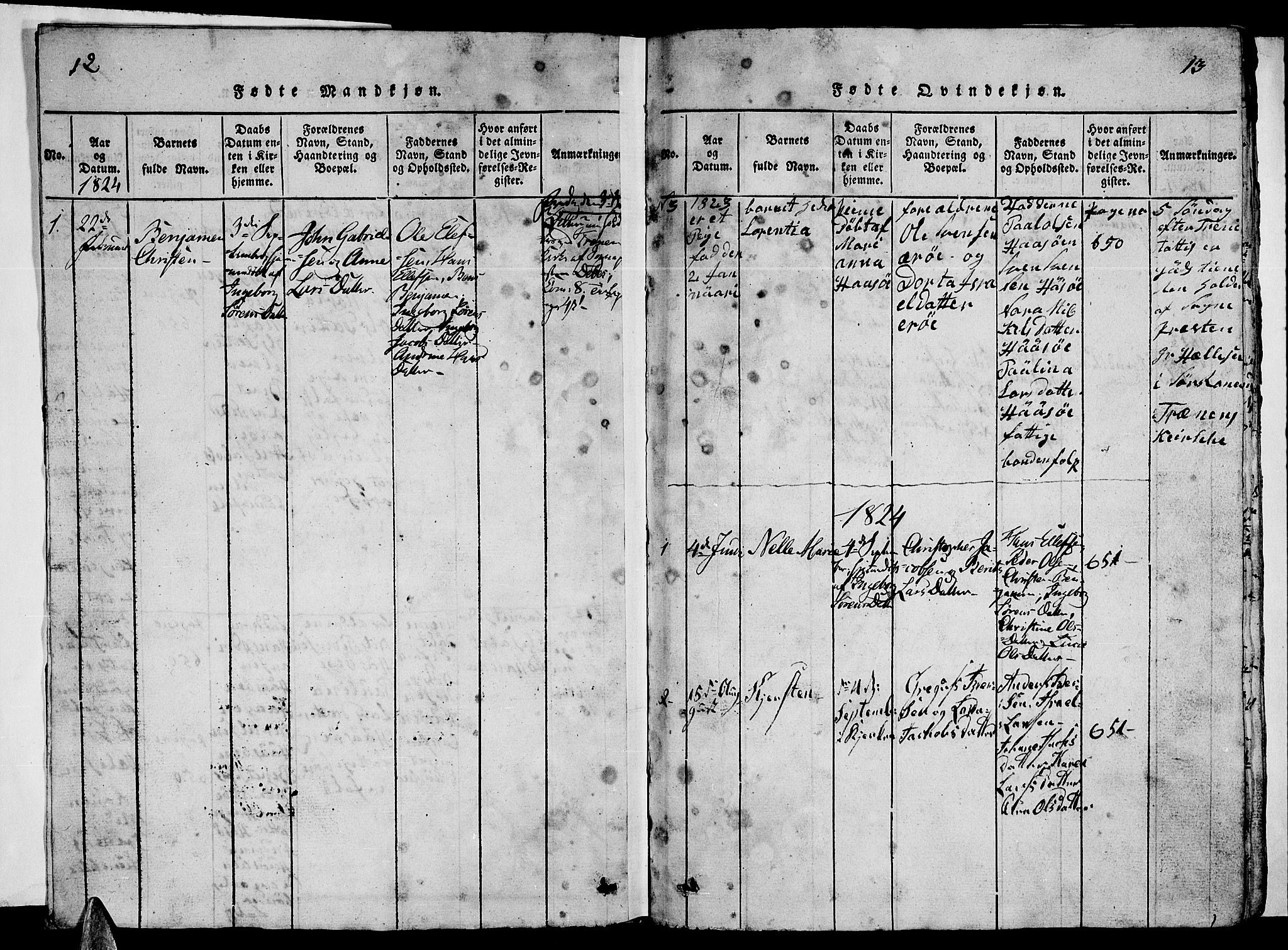 Ministerialprotokoller, klokkerbøker og fødselsregistre - Nordland, SAT/A-1459/840/L0581: Parish register (copy) no. 840C01, 1820-1873, p. 12-13