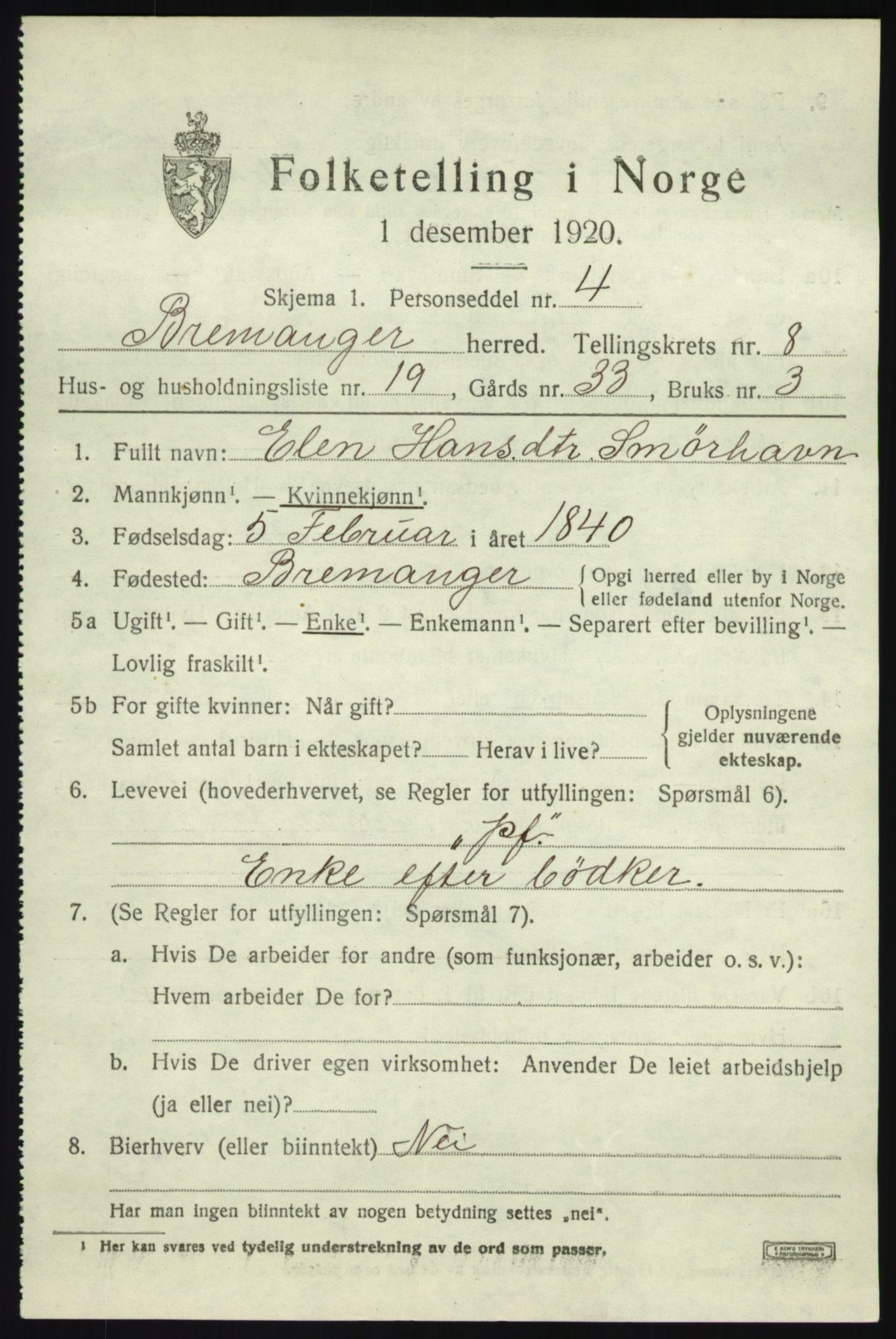 SAB, 1920 census for Bremanger, 1920, p. 5024