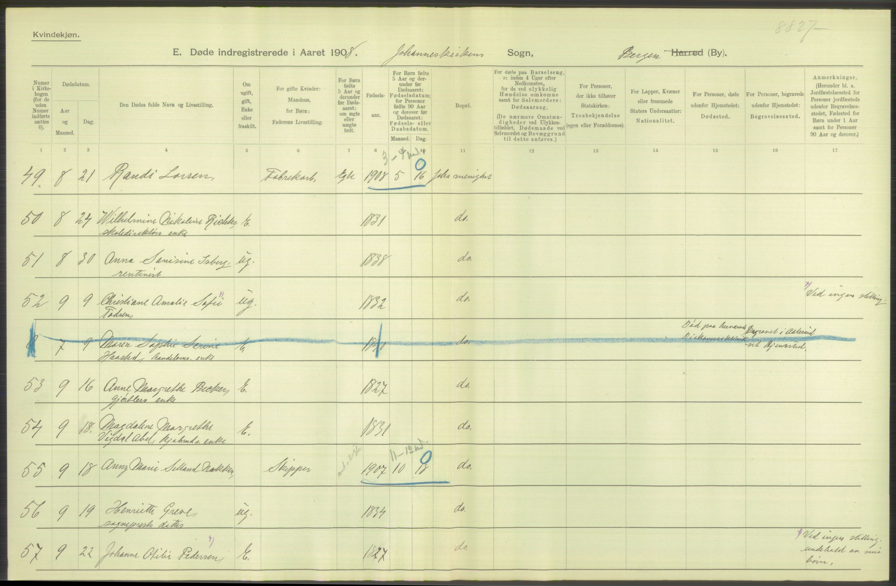 Statistisk sentralbyrå, Sosiodemografiske emner, Befolkning, AV/RA-S-2228/D/Df/Dfa/Dfaf/L0031: Bergen: Gifte, døde, dødfødte., 1908, p. 68