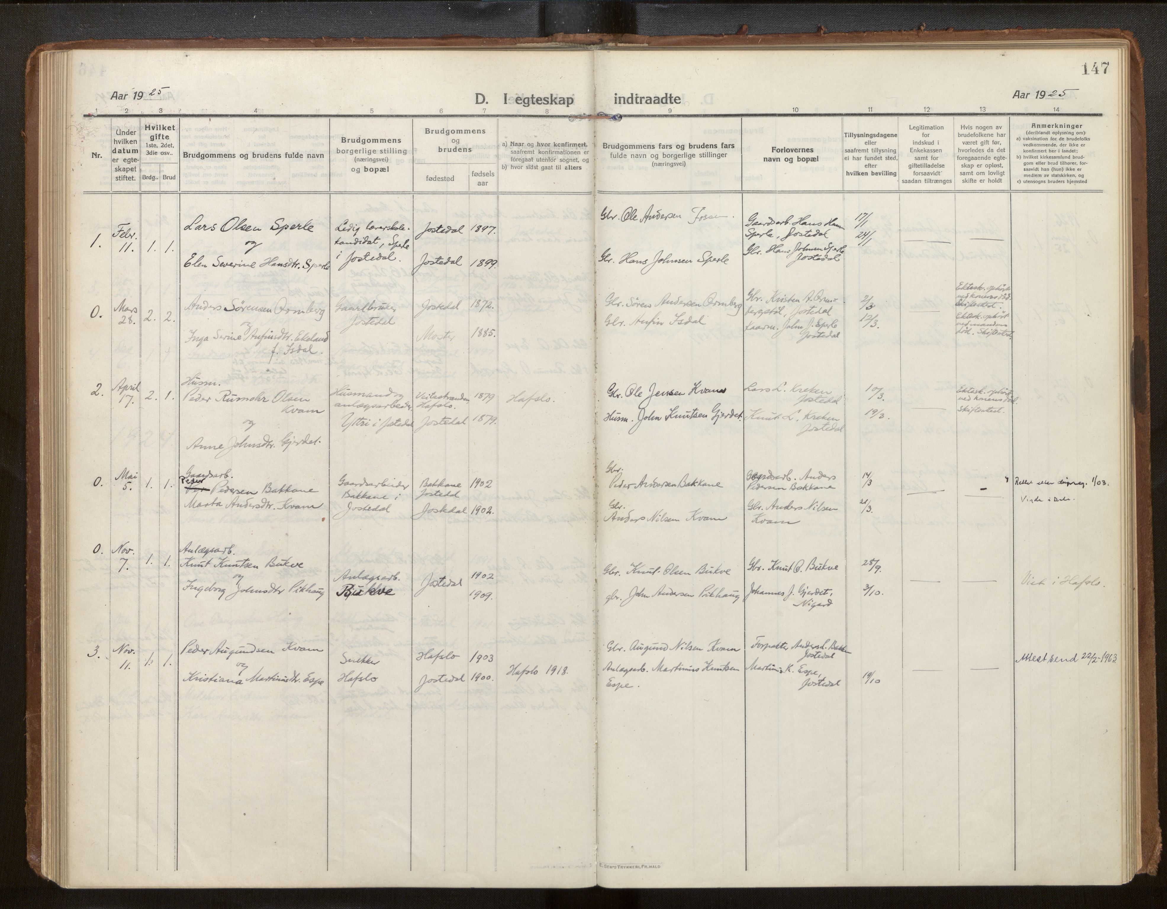 Jostedal sokneprestembete, AV/SAB-A-80601/H/Haa/Haab/L0002: Parish register (official) no. B 2, 1915-1931, p. 147