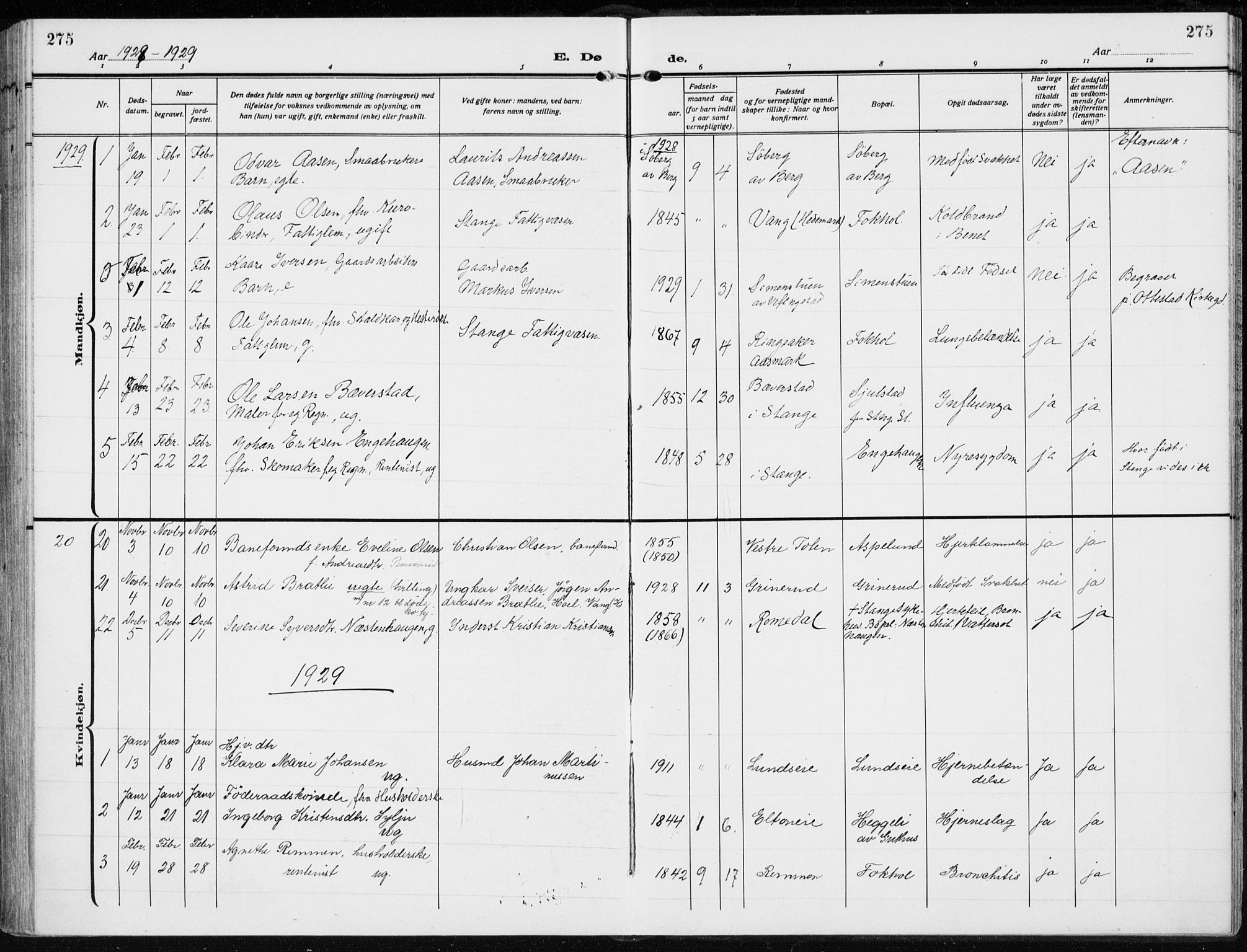 Stange prestekontor, AV/SAH-PREST-002/K/L0026: Parish register (official) no. 26, 1923-1937, p. 275