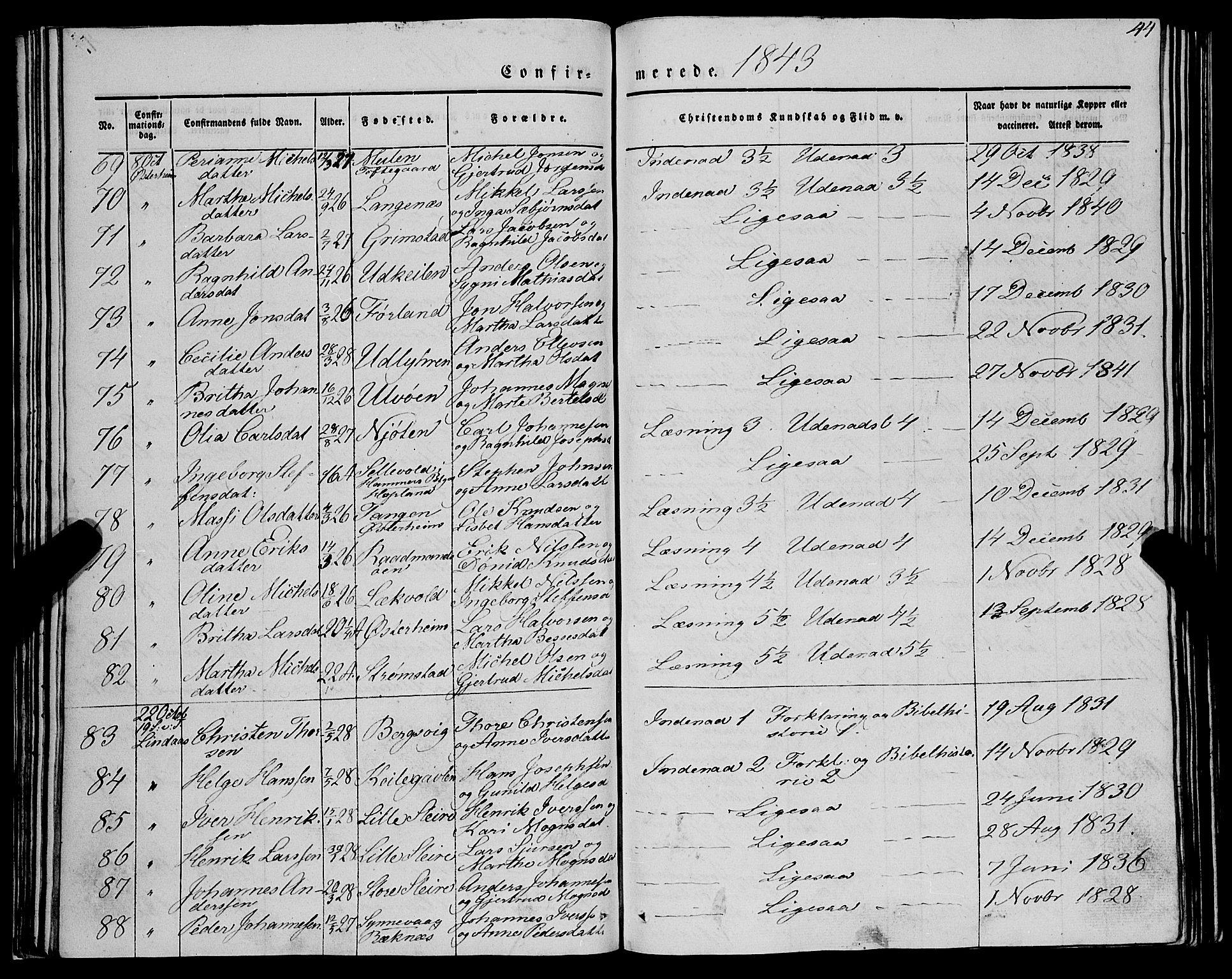 Lindås Sokneprestembete, AV/SAB-A-76701/H/Haa/Haaa/L0012: Parish register (official) no. A 12, 1836-1848, p. 44