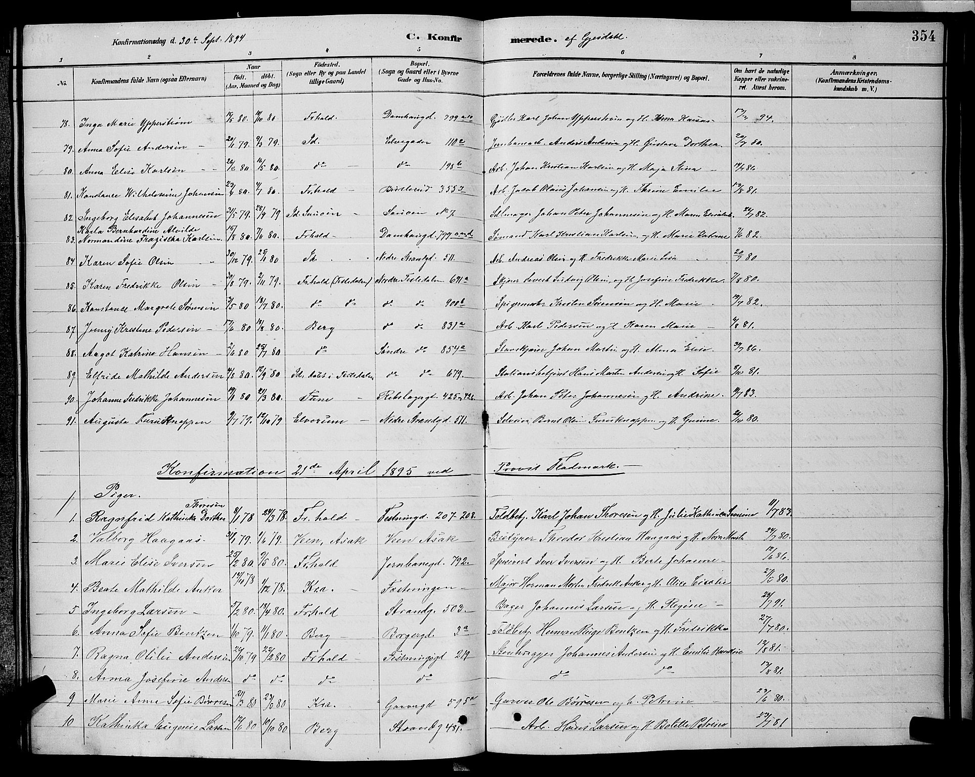 Halden prestekontor Kirkebøker, SAO/A-10909/G/Ga/L0008: Parish register (copy) no. 8, 1885-1899, p. 354