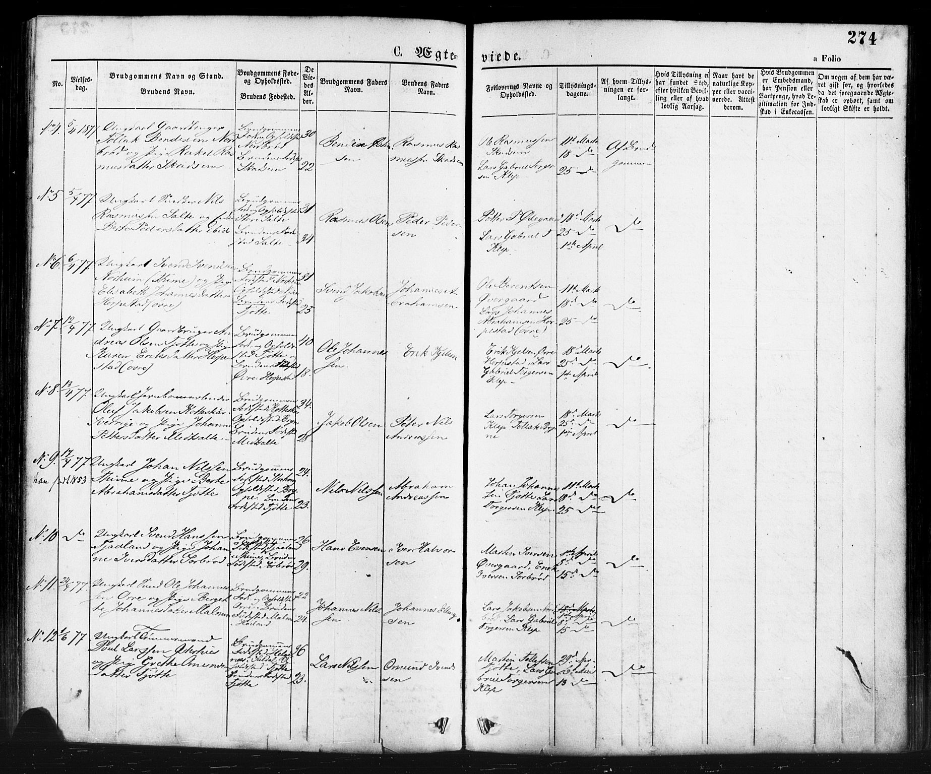 Klepp sokneprestkontor, AV/SAST-A-101803/001/3/30BA/L0006: Parish register (official) no. A 6, 1871-1885, p. 274