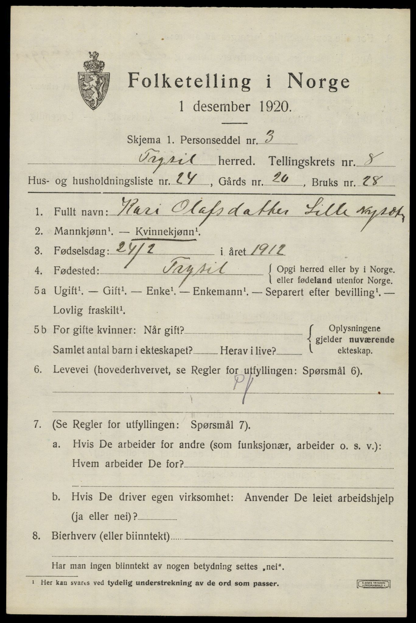 SAH, 1920 census for Trysil, 1920, p. 6523