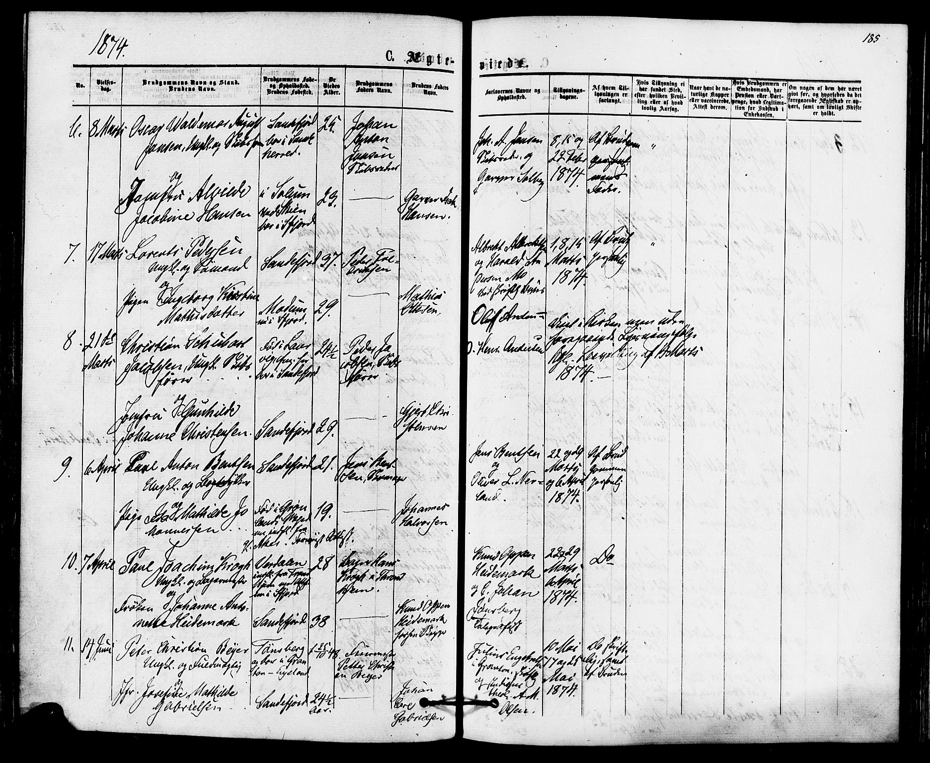 Sandefjord kirkebøker, AV/SAKO-A-315/F/Fa/L0001: Parish register (official) no. 1, 1873-1879, p. 185