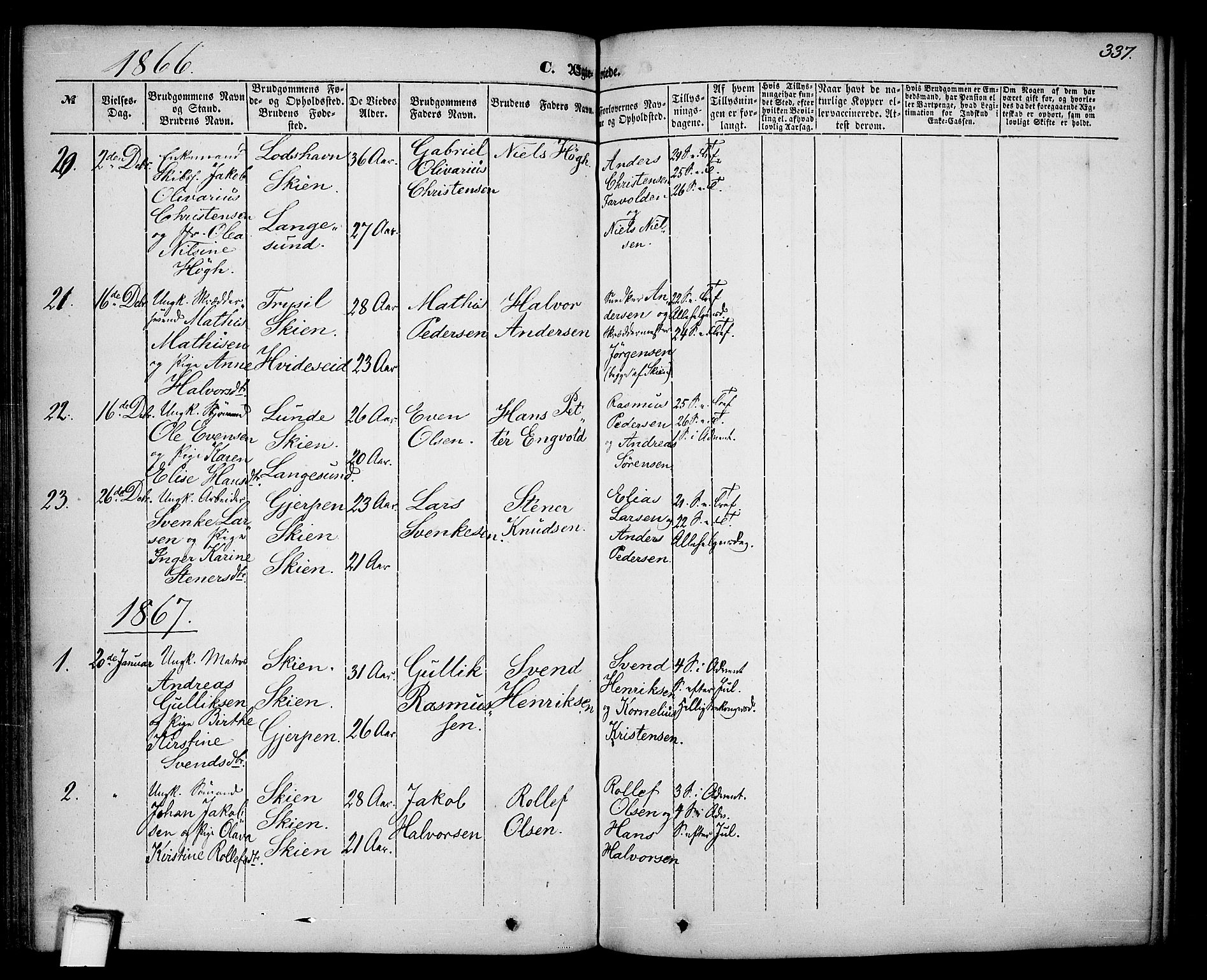 Skien kirkebøker, SAKO/A-302/G/Ga/L0004: Parish register (copy) no. 4, 1843-1867, p. 337