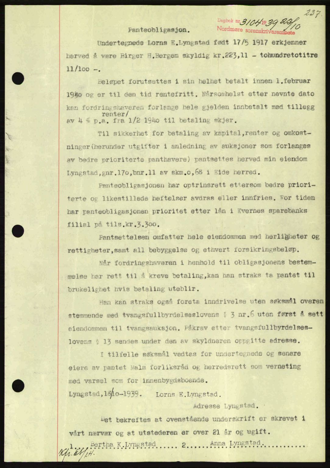 Nordmøre sorenskriveri, AV/SAT-A-4132/1/2/2Ca: Mortgage book no. B86, 1939-1940, Diary no: : 3104/1939