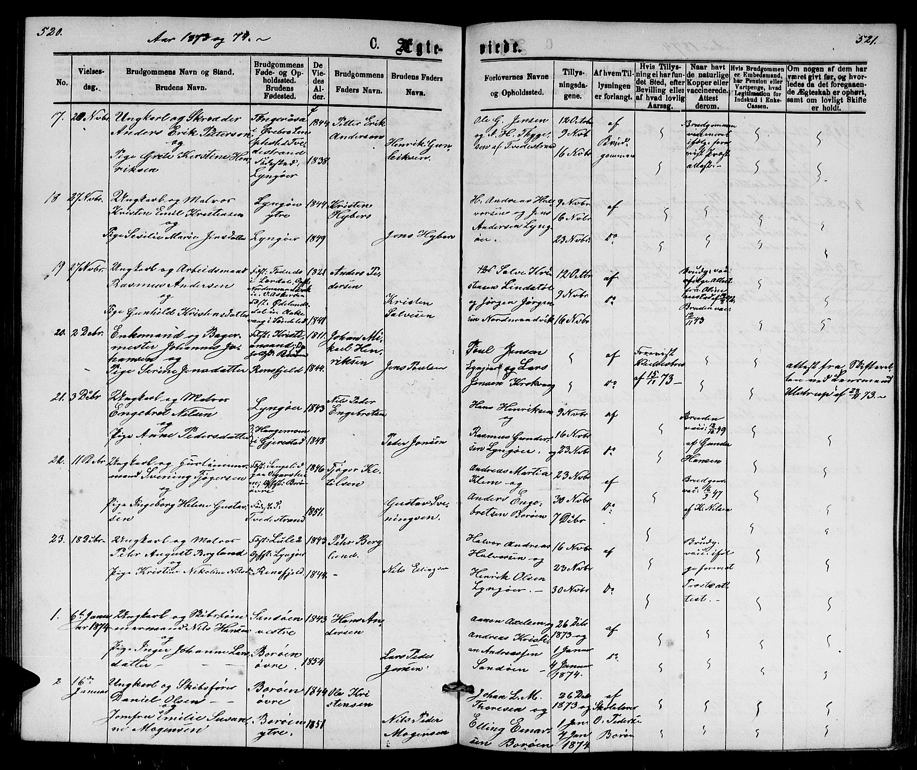 Dypvåg sokneprestkontor, AV/SAK-1111-0007/F/Fb/Fba/L0012: Parish register (copy) no. B 12, 1872-1886, p. 520-521