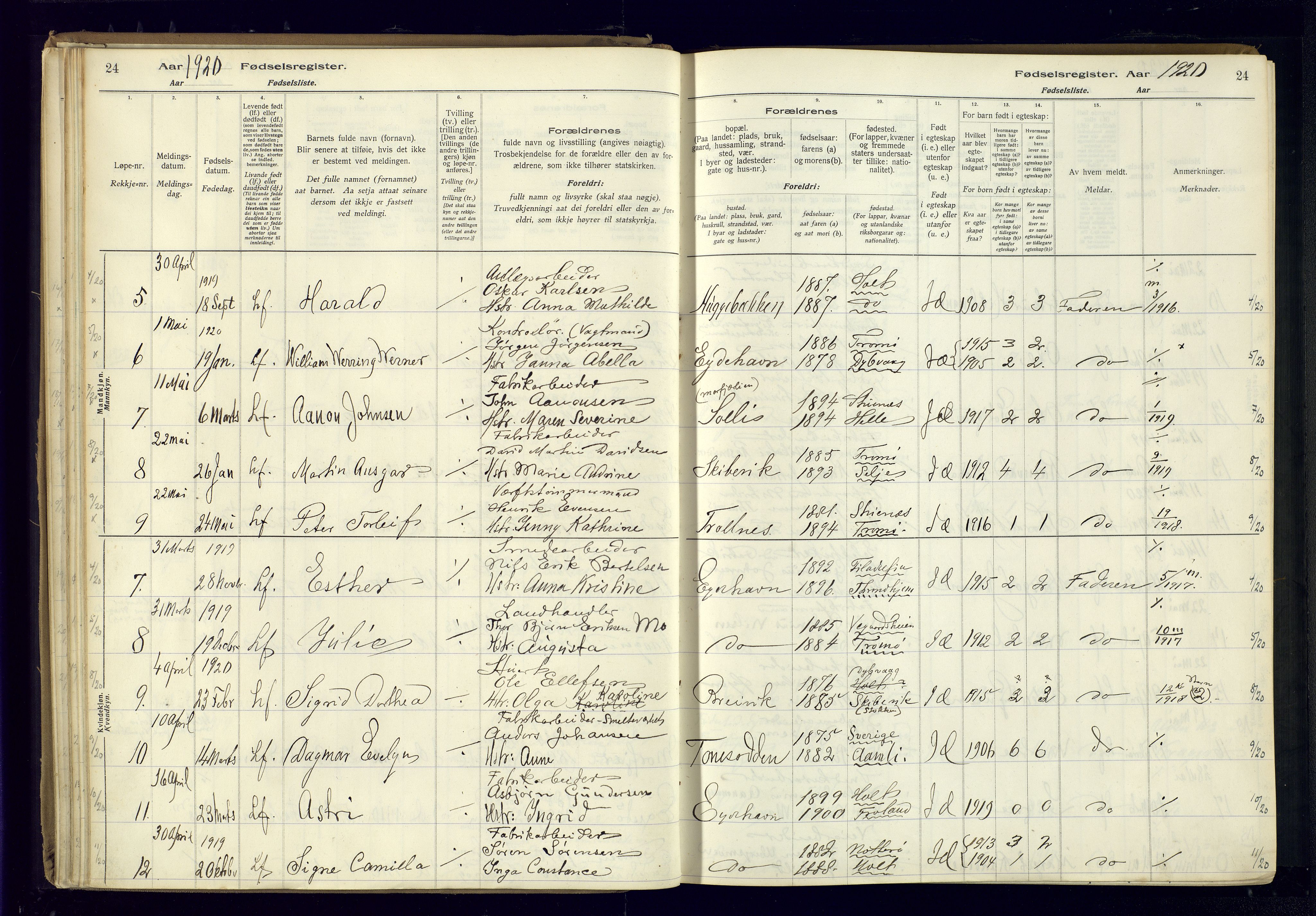 Austre Moland sokneprestkontor, SAK/1111-0001/J/Ja/L0003: Birth register no. A-VI-27, 1916-1950, p. 24