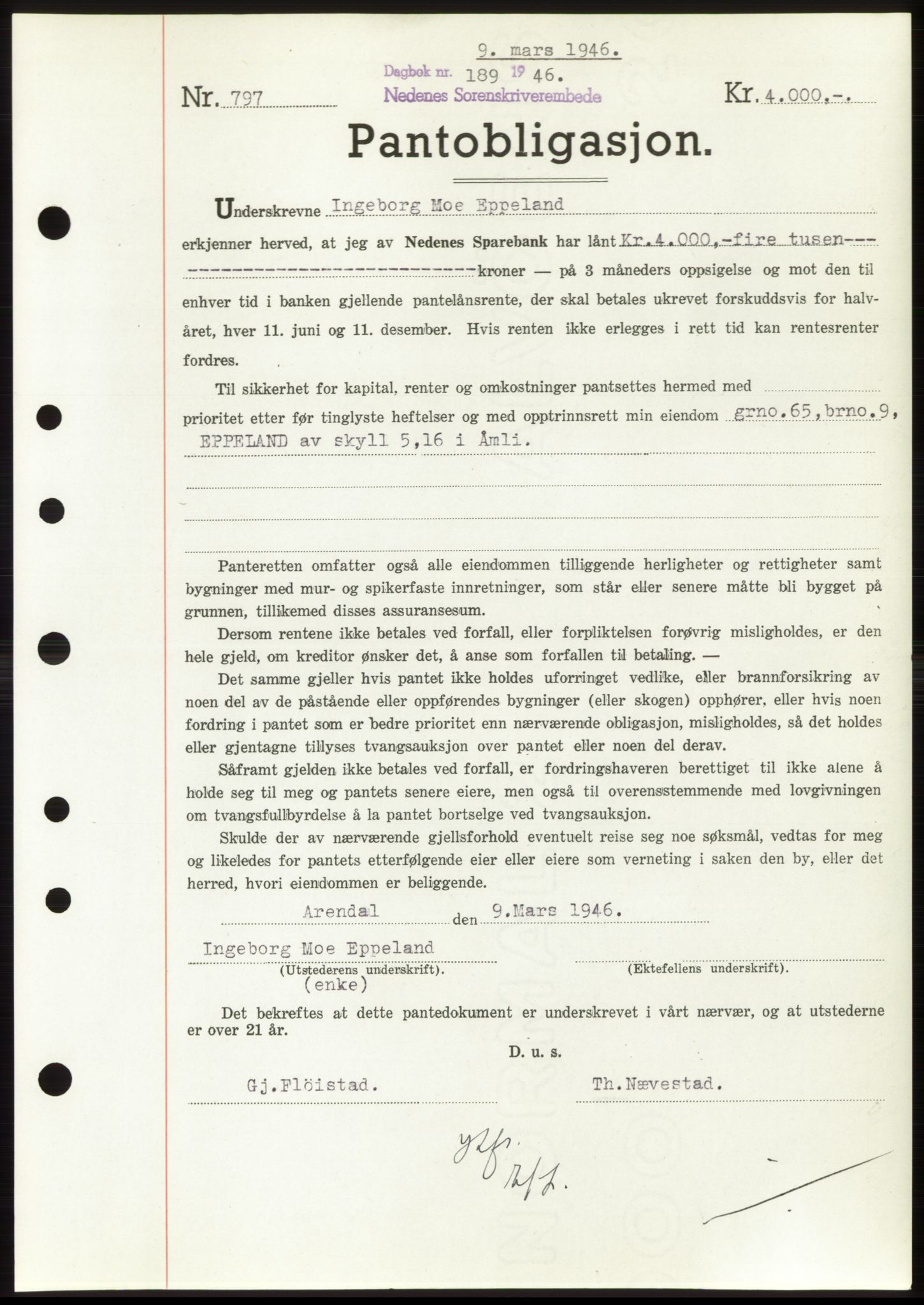 Nedenes sorenskriveri, SAK/1221-0006/G/Gb/Gbb/L0003: Mortgage book no. B3b, 1946-1946, Diary no: : 189/1946