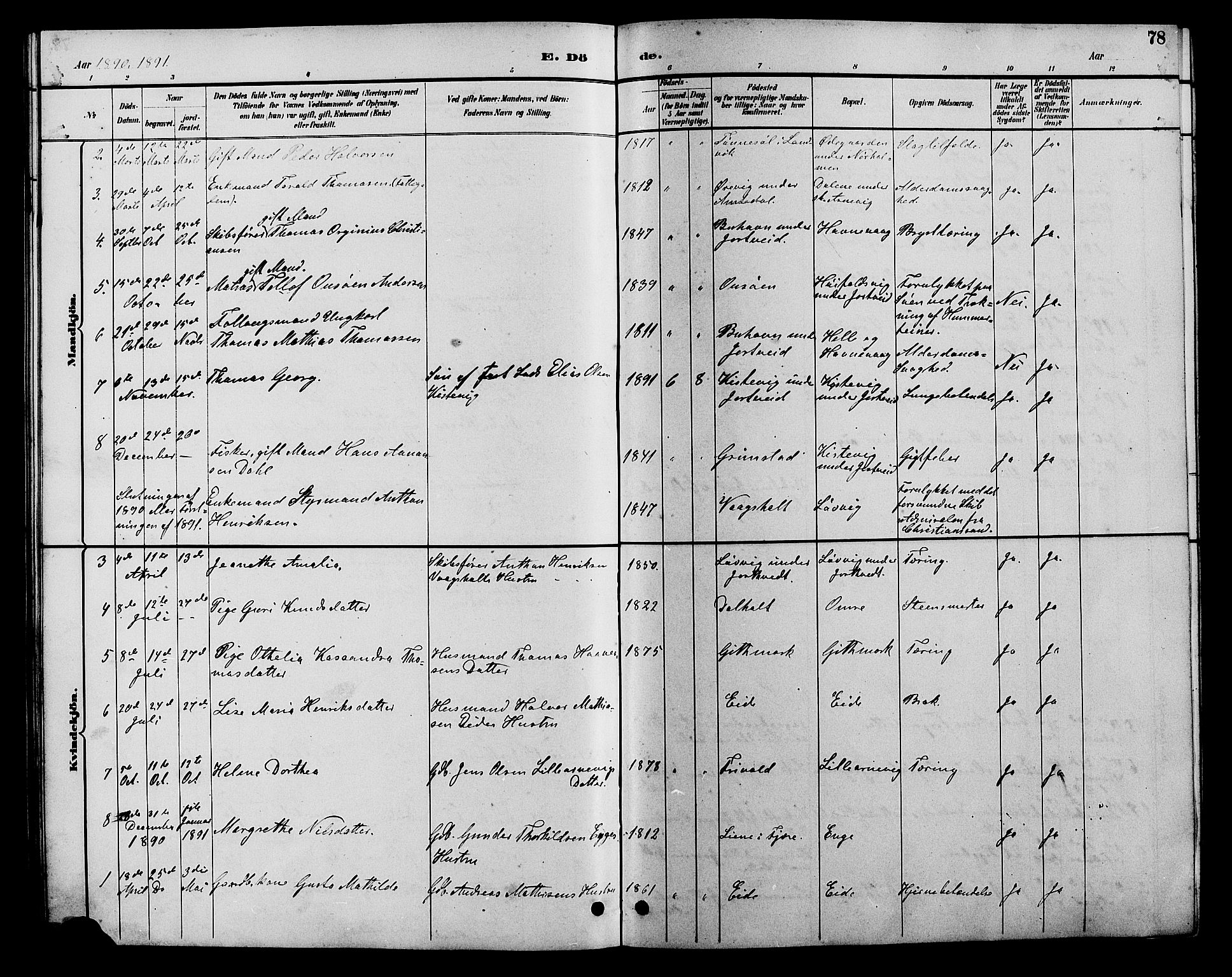 Hommedal sokneprestkontor, AV/SAK-1111-0023/F/Fb/Fba/L0004: Parish register (copy) no. B 4, 1885-1908, p. 78