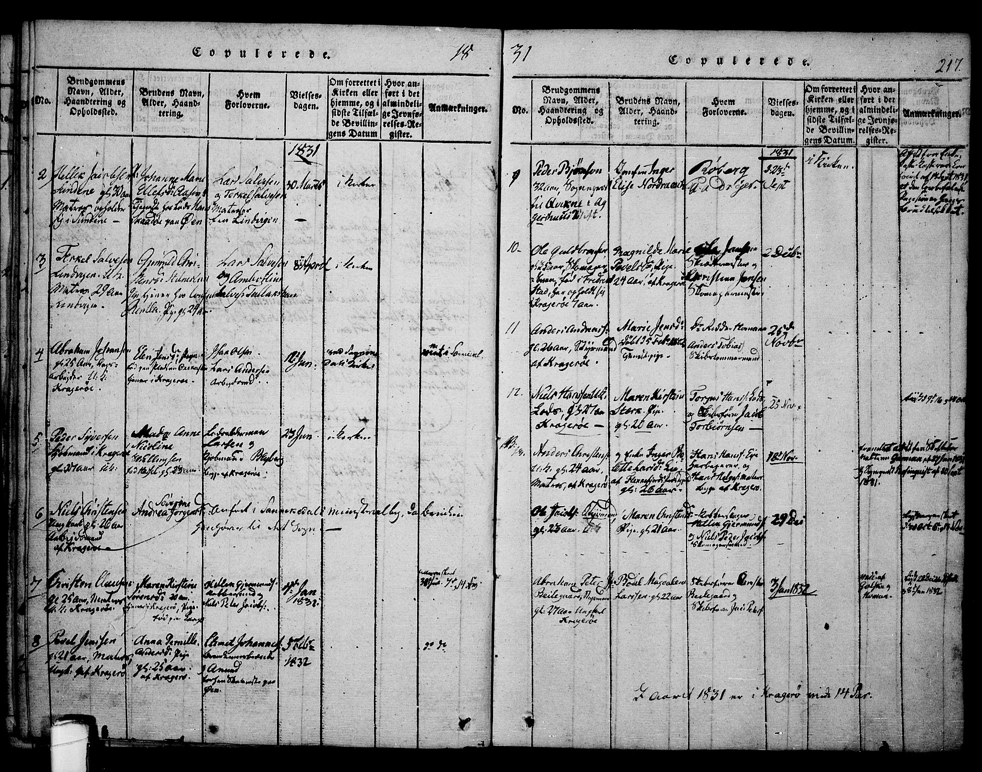Kragerø kirkebøker, SAKO/A-278/F/Fa/L0004: Parish register (official) no. 4, 1814-1831, p. 217