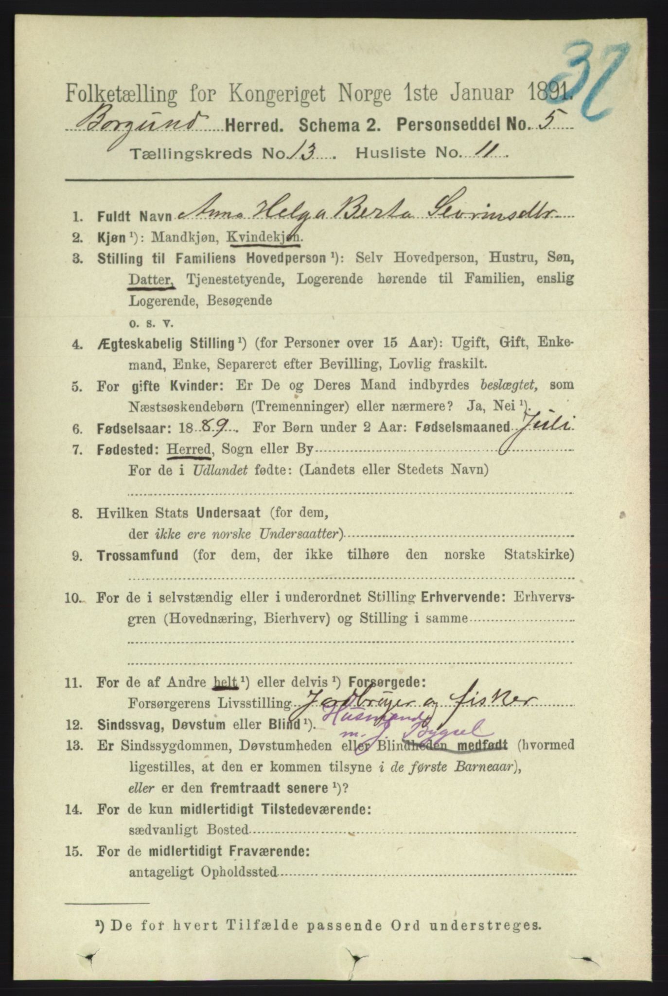 RA, 1891 census for 1531 Borgund, 1891, p. 3599