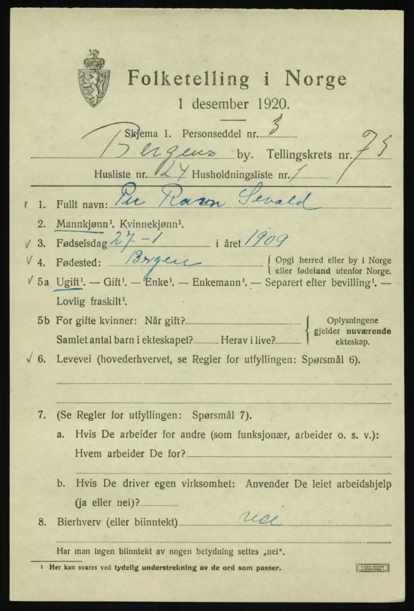 SAB, 1920 census for Bergen, 1920, p. 143739