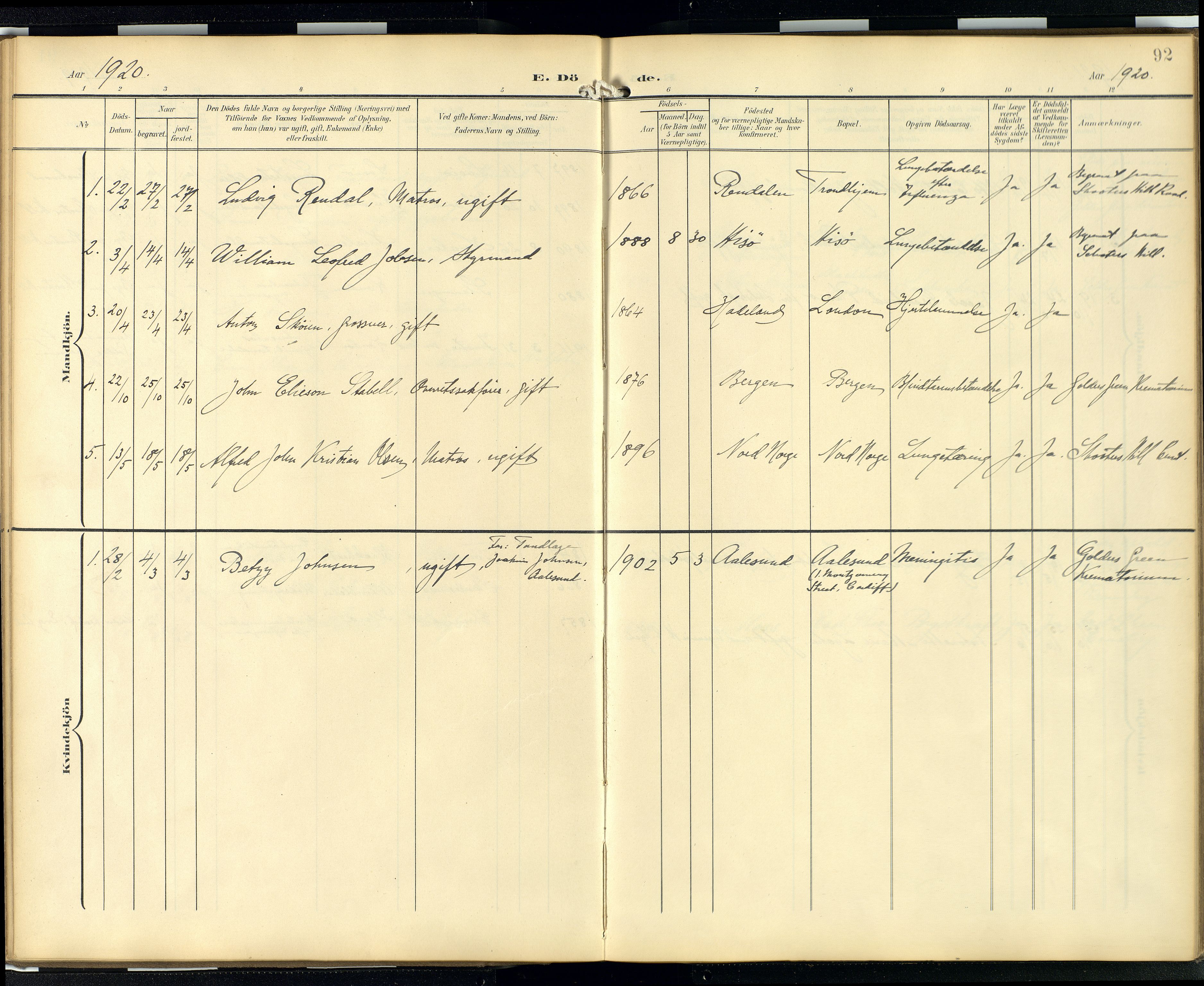  Den norske sjømannsmisjon i utlandet/London m/bistasjoner, SAB/SAB/PA-0103/H/Ha/L0003: Parish register (official) no. A 3, 1903-1934, p. 91b-92a