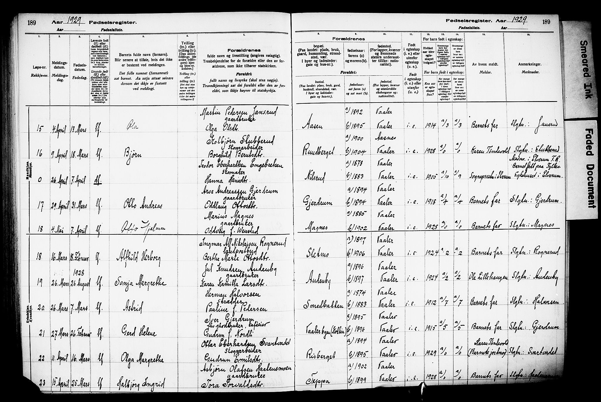 Våler prestekontor, Hedmark, AV/SAH-PREST-040/I/Id/L0001: Birth register no. 1, 1916-1930, p. 189