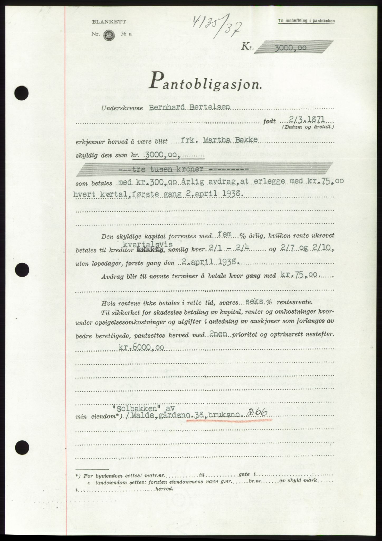 Jæren sorenskriveri, SAST/A-100310/03/G/Gba/L0069: Mortgage book, 1937-1937, Diary no: : 4135/1937