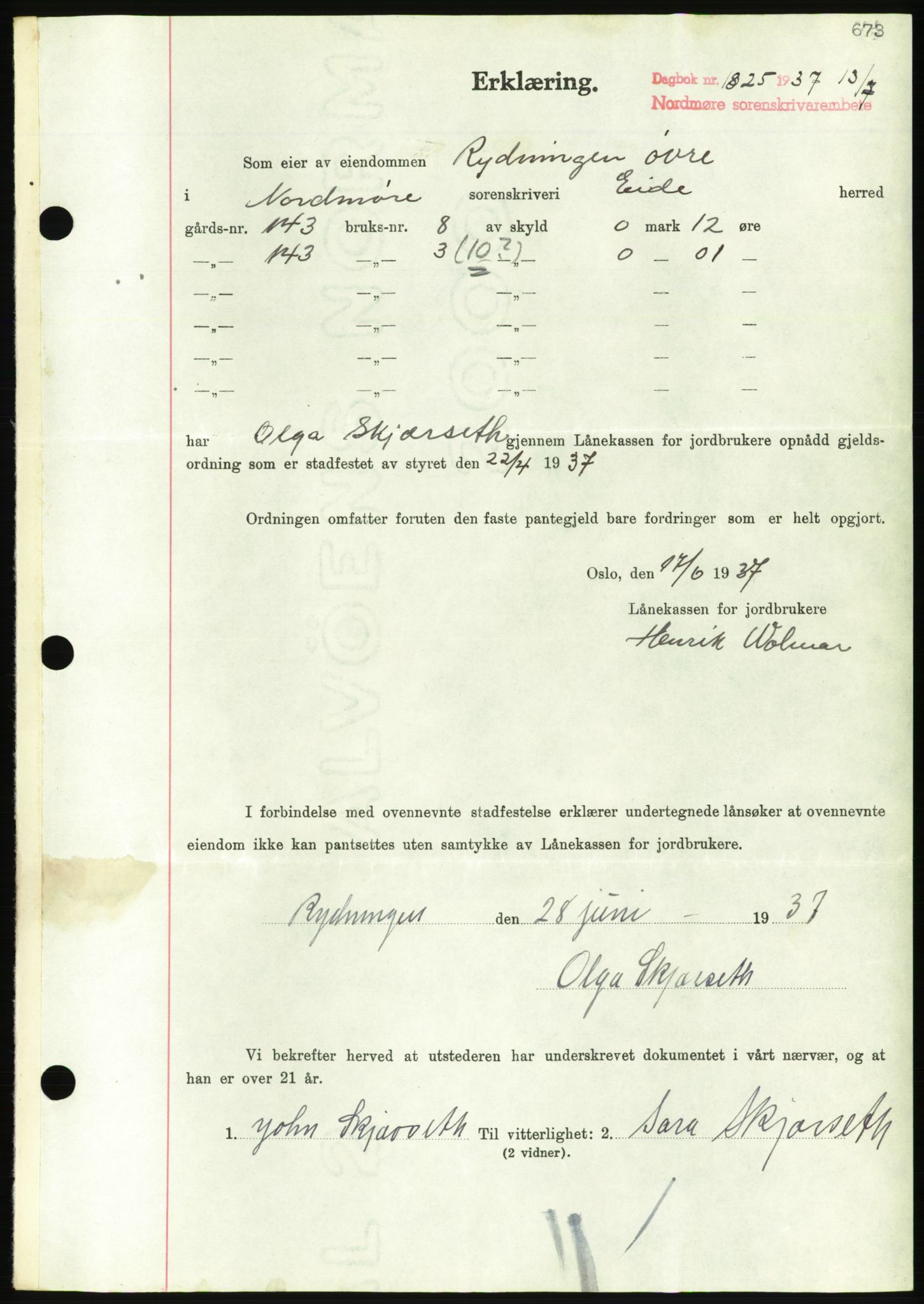 Nordmøre sorenskriveri, AV/SAT-A-4132/1/2/2Ca/L0091: Mortgage book no. B81, 1937-1937, Diary no: : 1825/1937