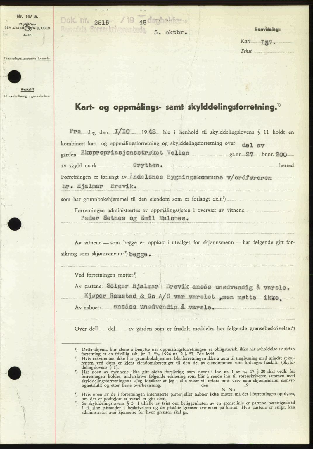 Romsdal sorenskriveri, AV/SAT-A-4149/1/2/2C: Mortgage book no. A27, 1948-1948, Diary no: : 2515/1948