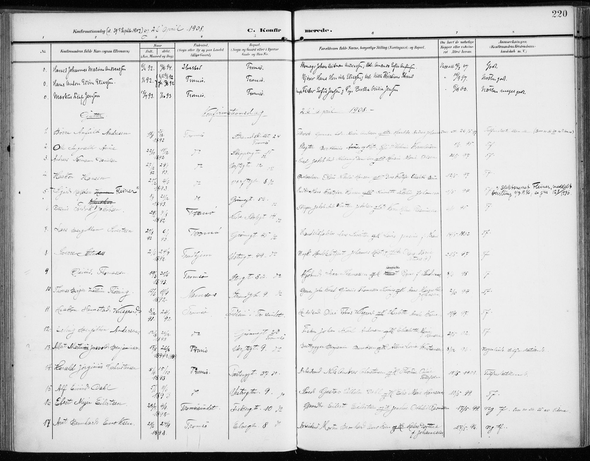Tromsø sokneprestkontor/stiftsprosti/domprosti, SATØ/S-1343/G/Ga/L0017kirke: Parish register (official) no. 17, 1907-1917, p. 220
