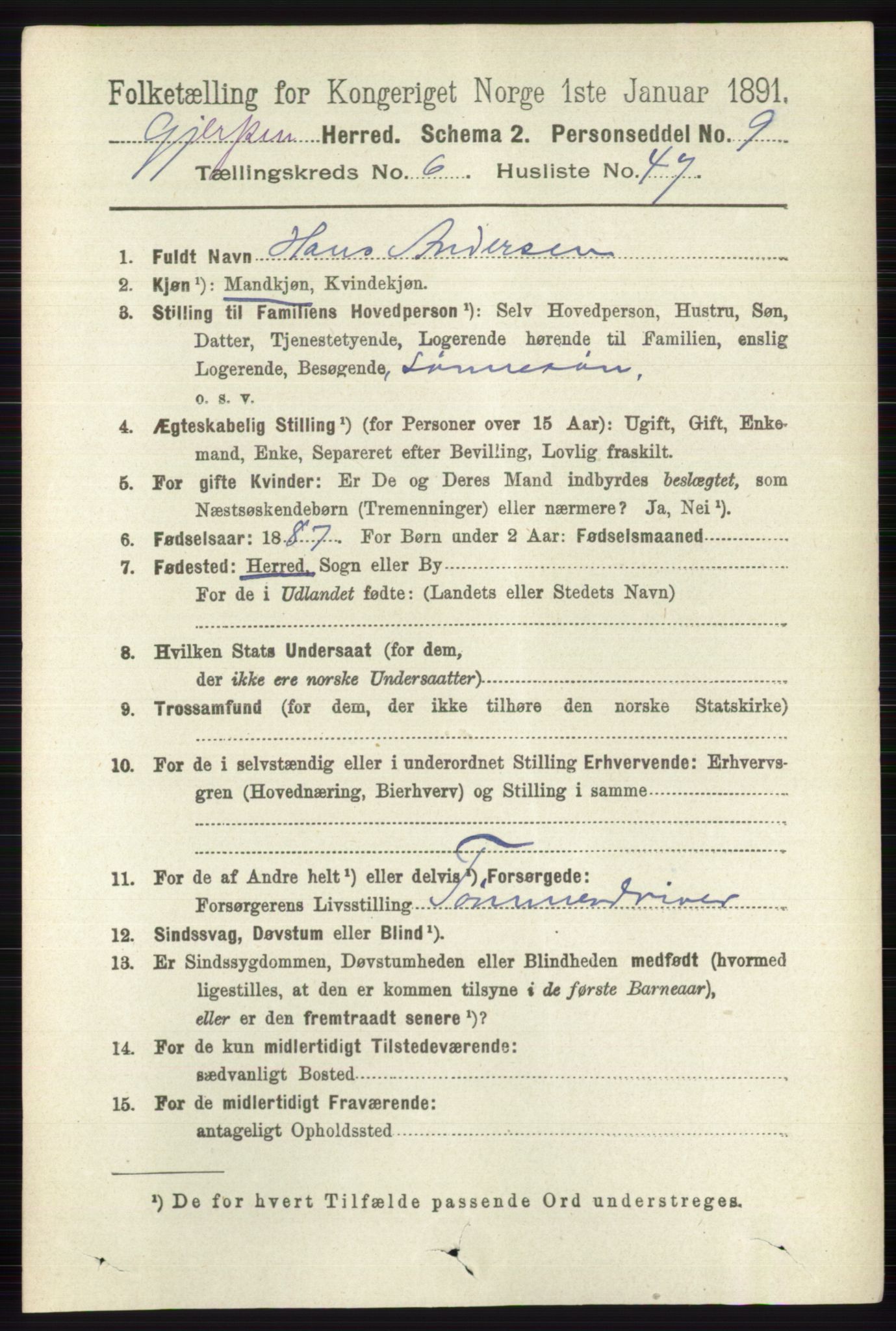 RA, 1891 census for 0812 Gjerpen, 1891, p. 3303