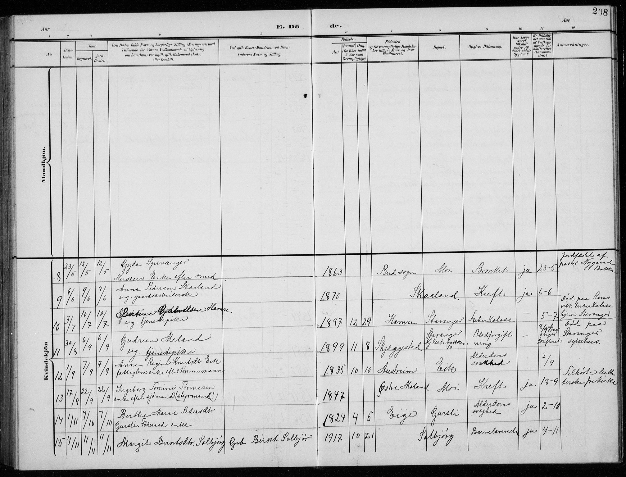 Lund sokneprestkontor, AV/SAST-A-101809/S07/L0008: Parish register (copy) no. B 8, 1902-1936, p. 208