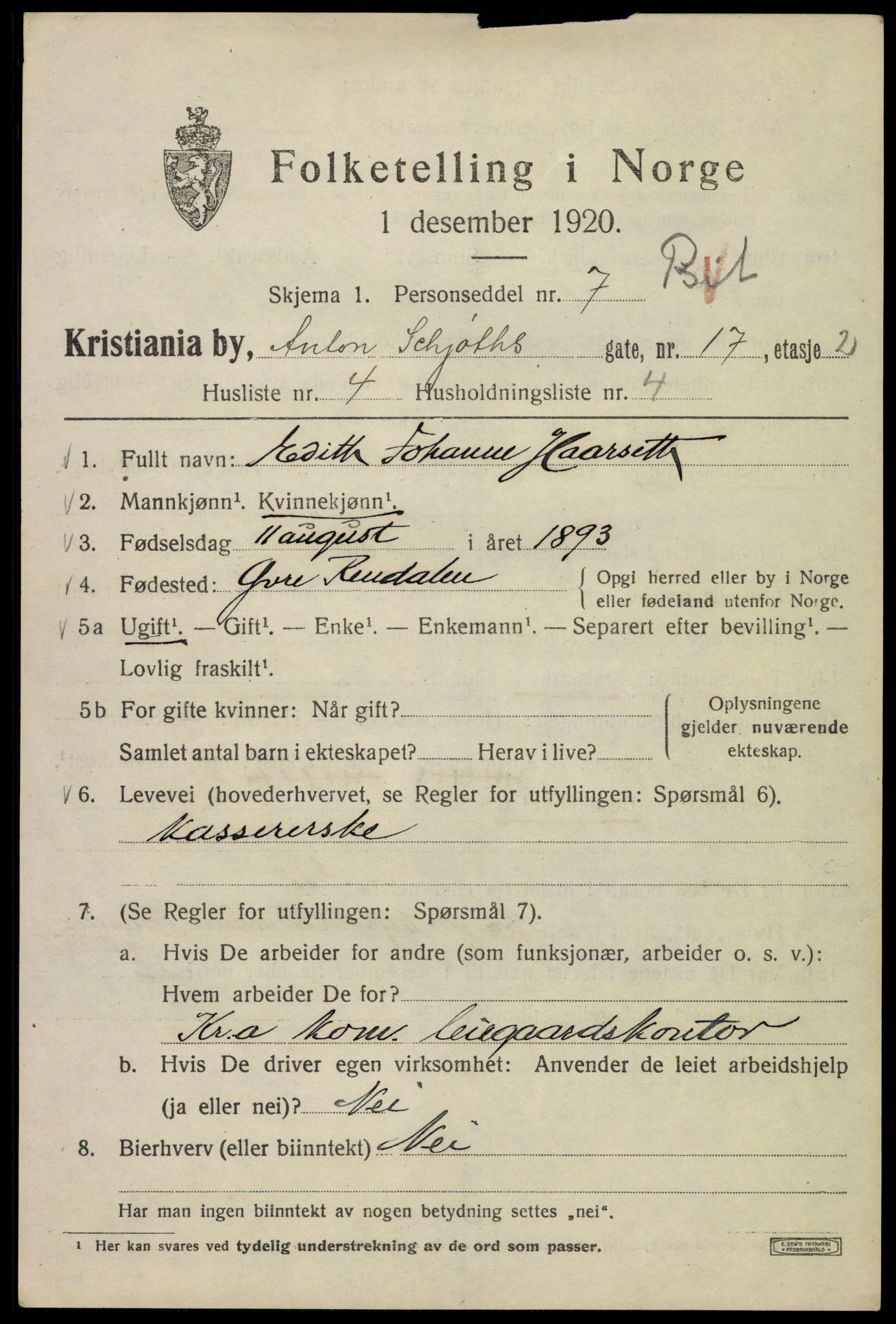 SAO, 1920 census for Kristiania, 1920, p. 141917