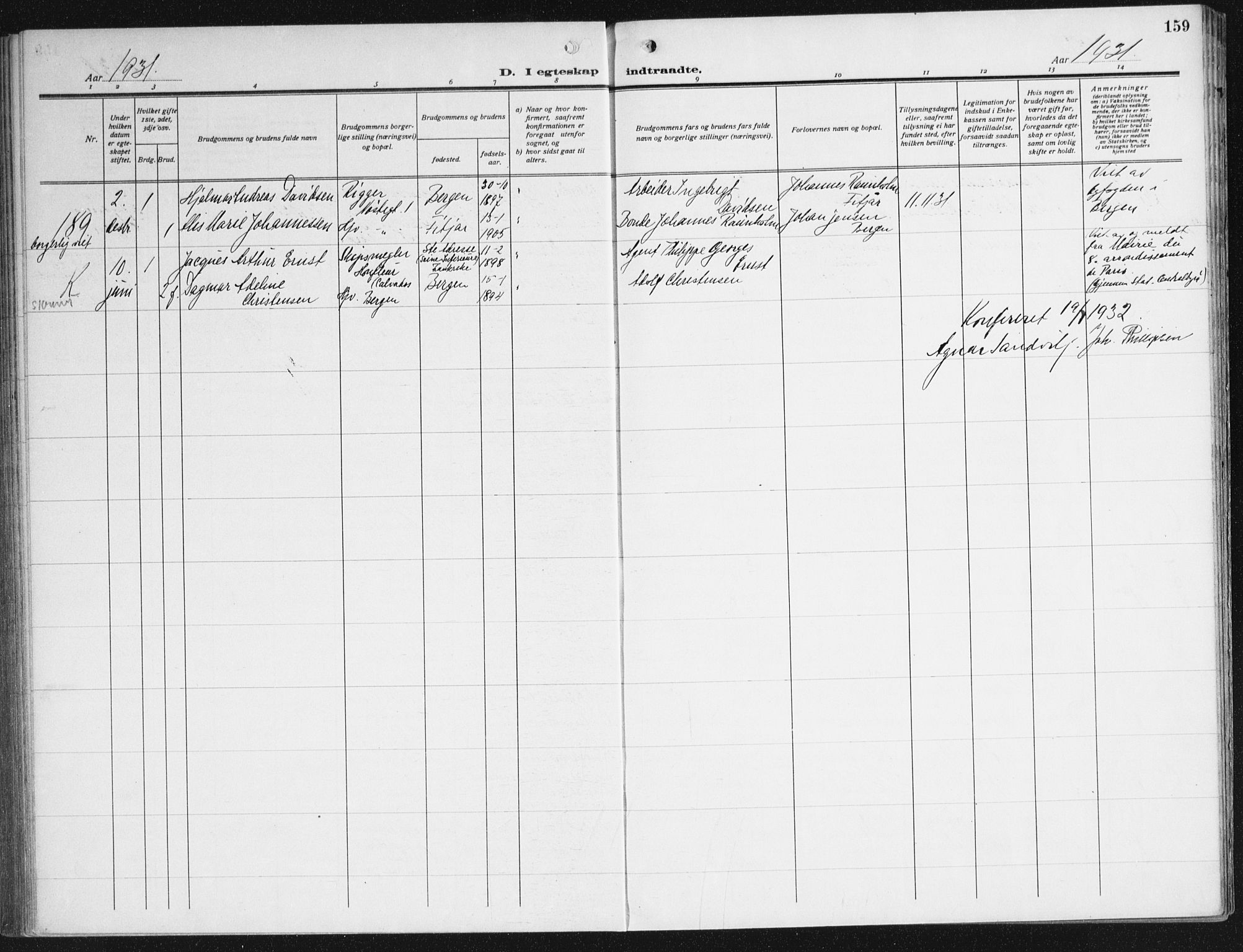 Domkirken sokneprestembete, AV/SAB-A-74801/H/Haa/L0039: Parish register (official) no. D 6, 1921-1937, p. 159