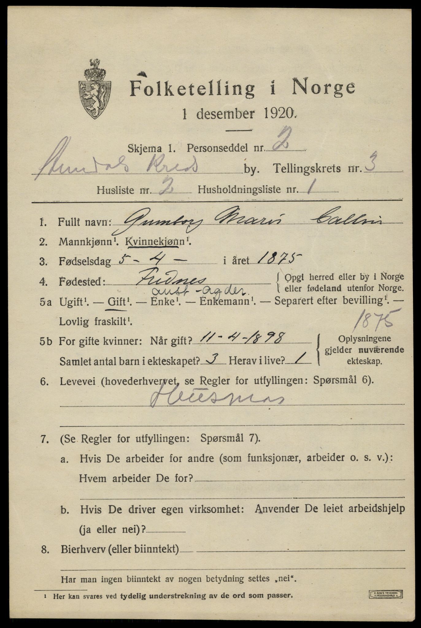 SAK, 1920 census for Arendal, 1920, p. 10794