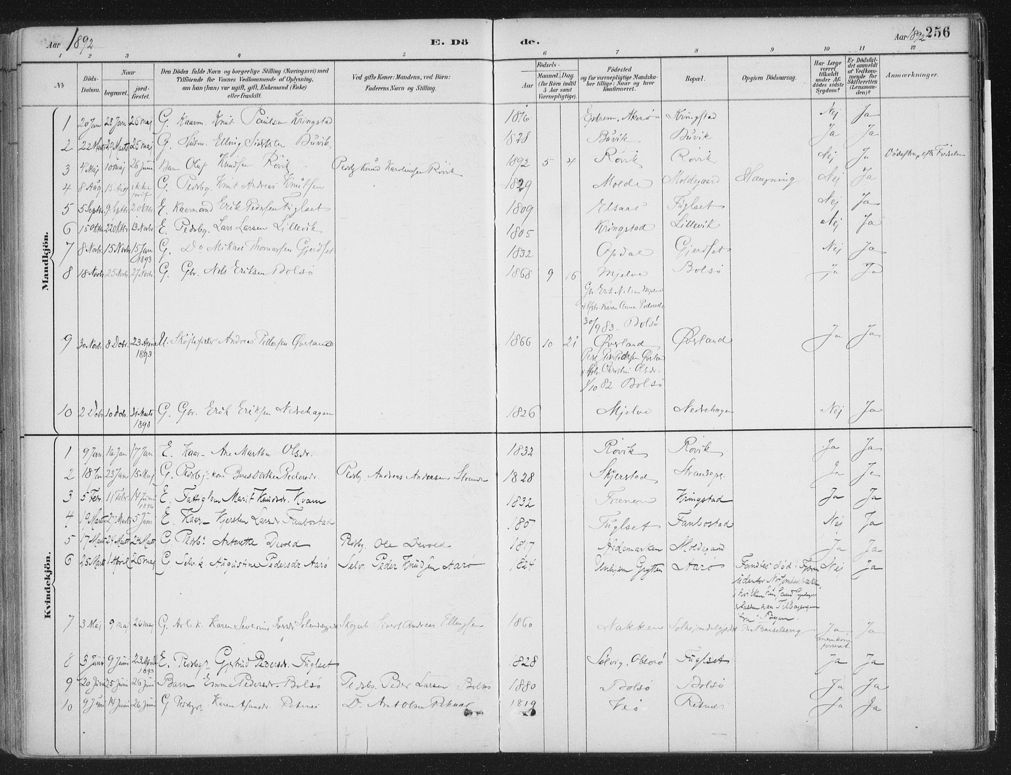 Ministerialprotokoller, klokkerbøker og fødselsregistre - Møre og Romsdal, SAT/A-1454/555/L0658: Parish register (official) no. 555A09, 1887-1917, p. 256