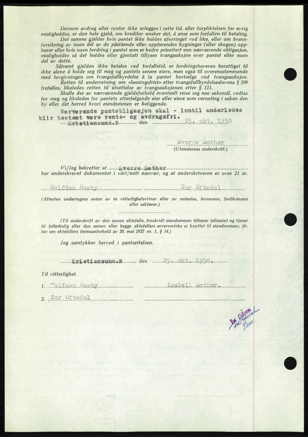 Kristiansund byfogd, SAT/A-4587/A/27: Mortgage book no. 50, 1950-1950, Diary no: : 1826/1950