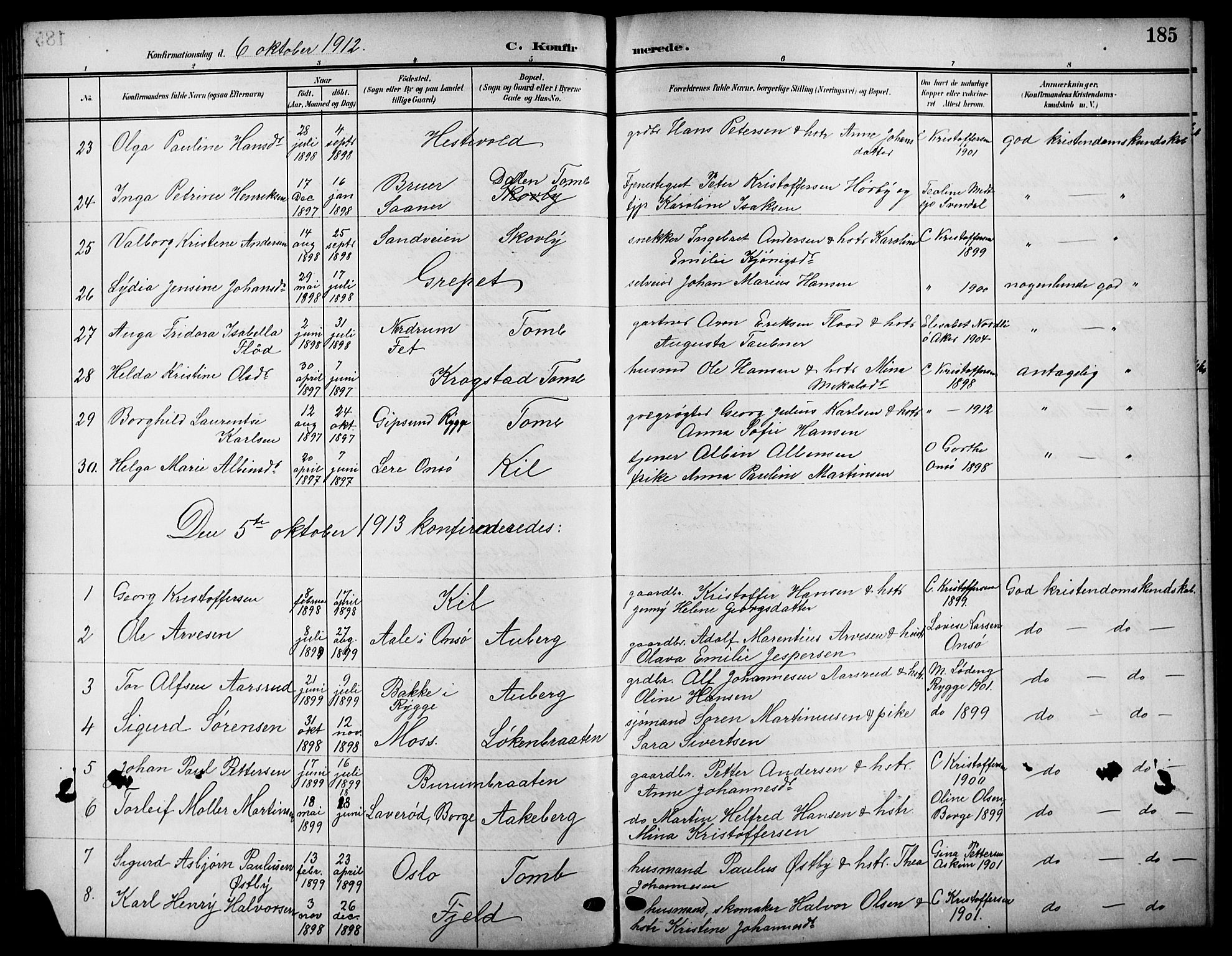 Råde prestekontor kirkebøker, AV/SAO-A-2009/G/Ga/L0001: Parish register (copy) no. 1, 1903-1925, p. 185