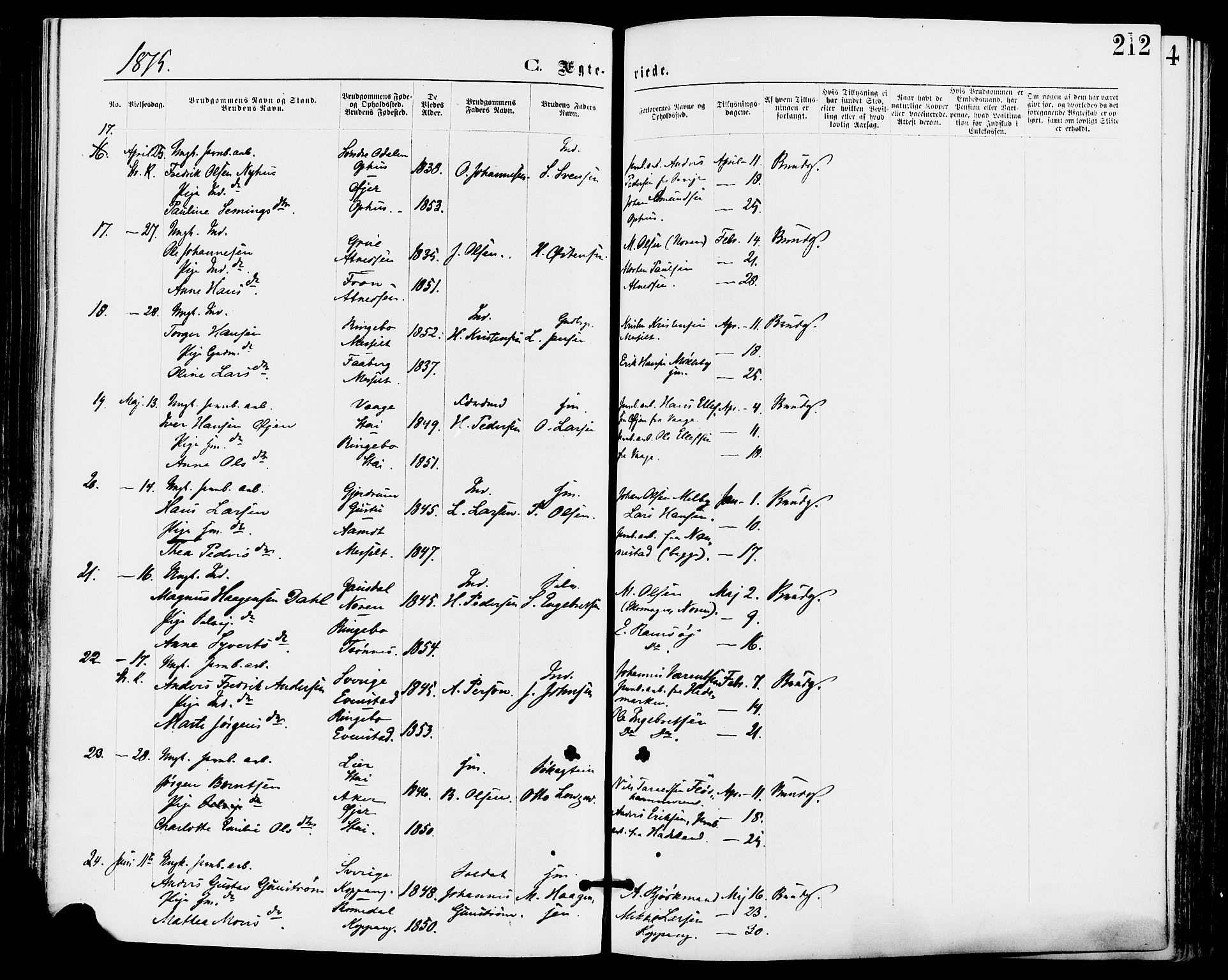 Stor-Elvdal prestekontor, AV/SAH-PREST-052/H/Ha/Haa/L0001: Parish register (official) no. 1, 1871-1882, p. 212