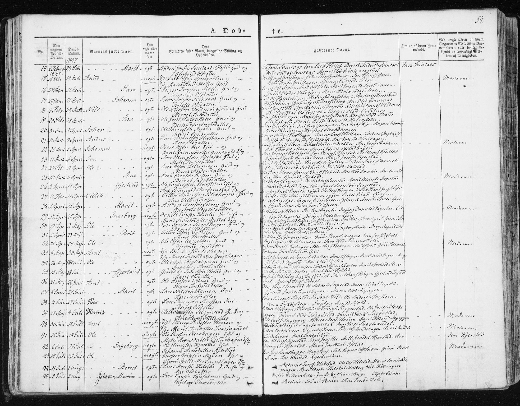 Ministerialprotokoller, klokkerbøker og fødselsregistre - Sør-Trøndelag, SAT/A-1456/672/L0855: Parish register (official) no. 672A07, 1829-1860, p. 54