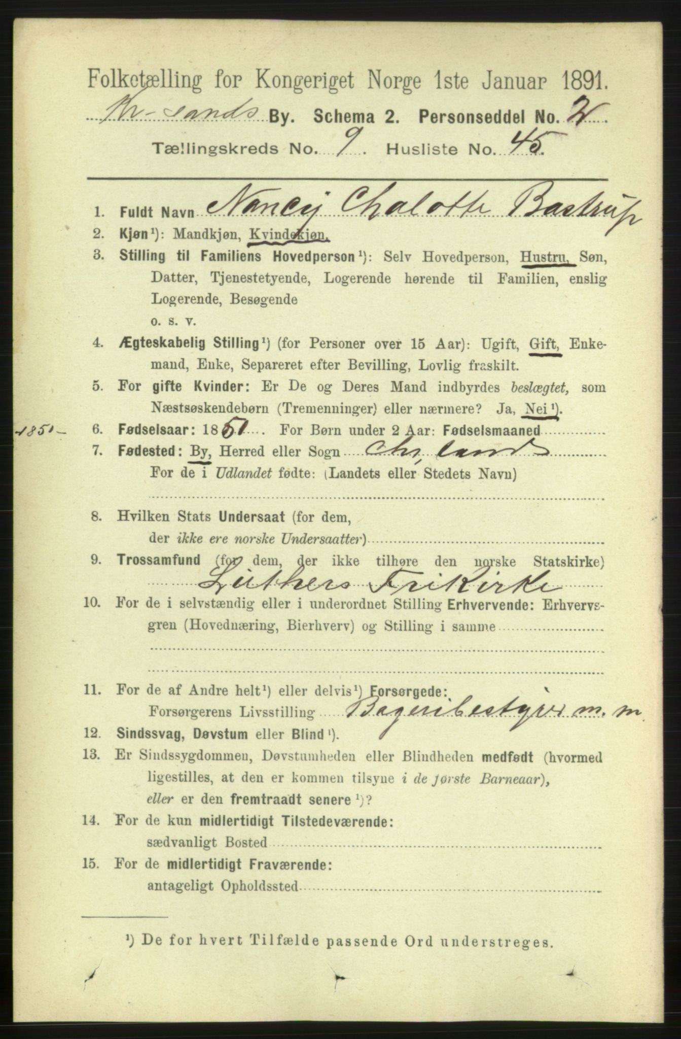 RA, 1891 census for 1001 Kristiansand, 1891, p. 5392