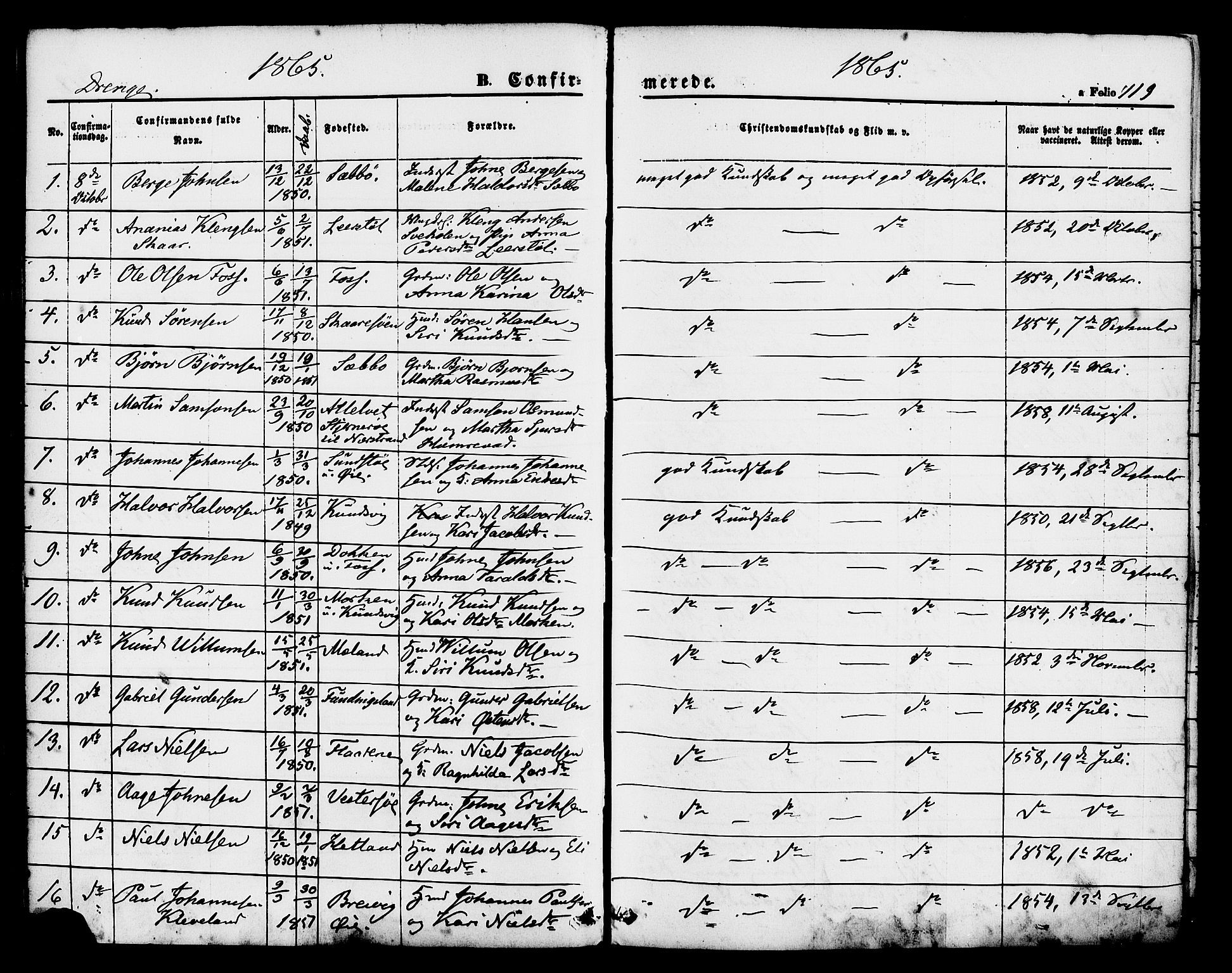 Hjelmeland sokneprestkontor, AV/SAST-A-101843/01/IV/L0011: Parish register (official) no. A 11, 1861-1878, p. 119