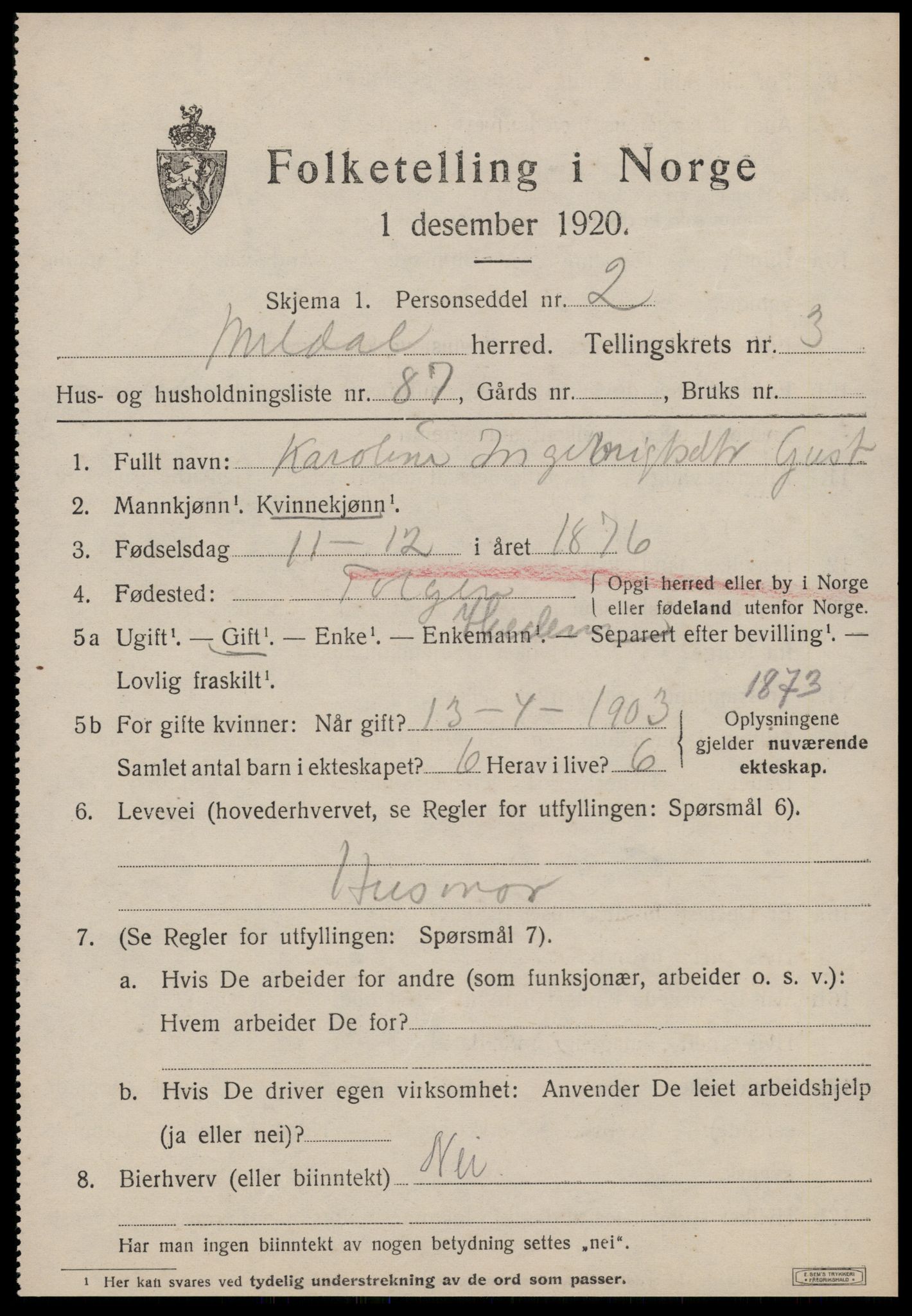 SAT, 1920 census for Meldal, 1920, p. 3621