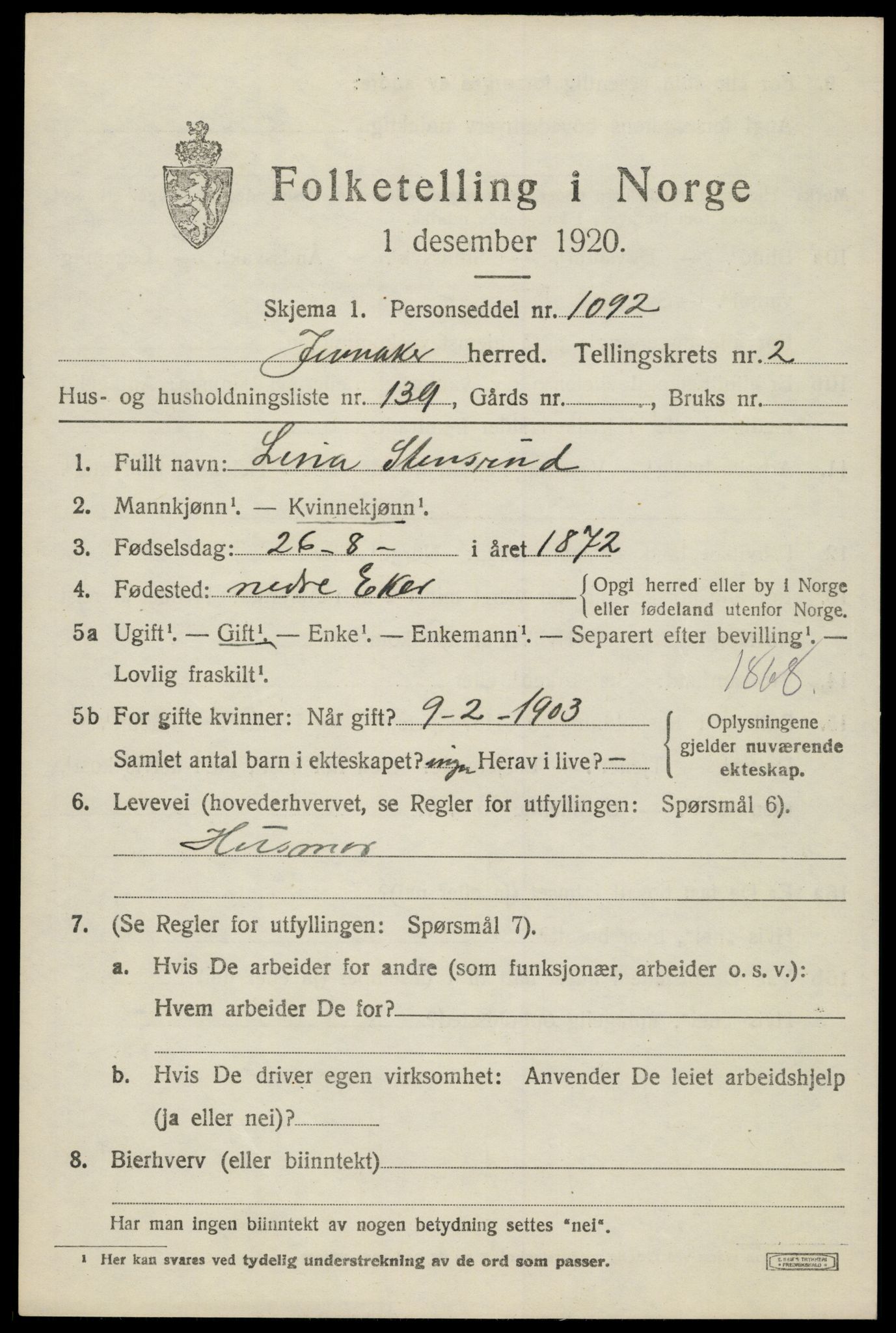 SAH, 1920 census for Jevnaker, 1920, p. 3585