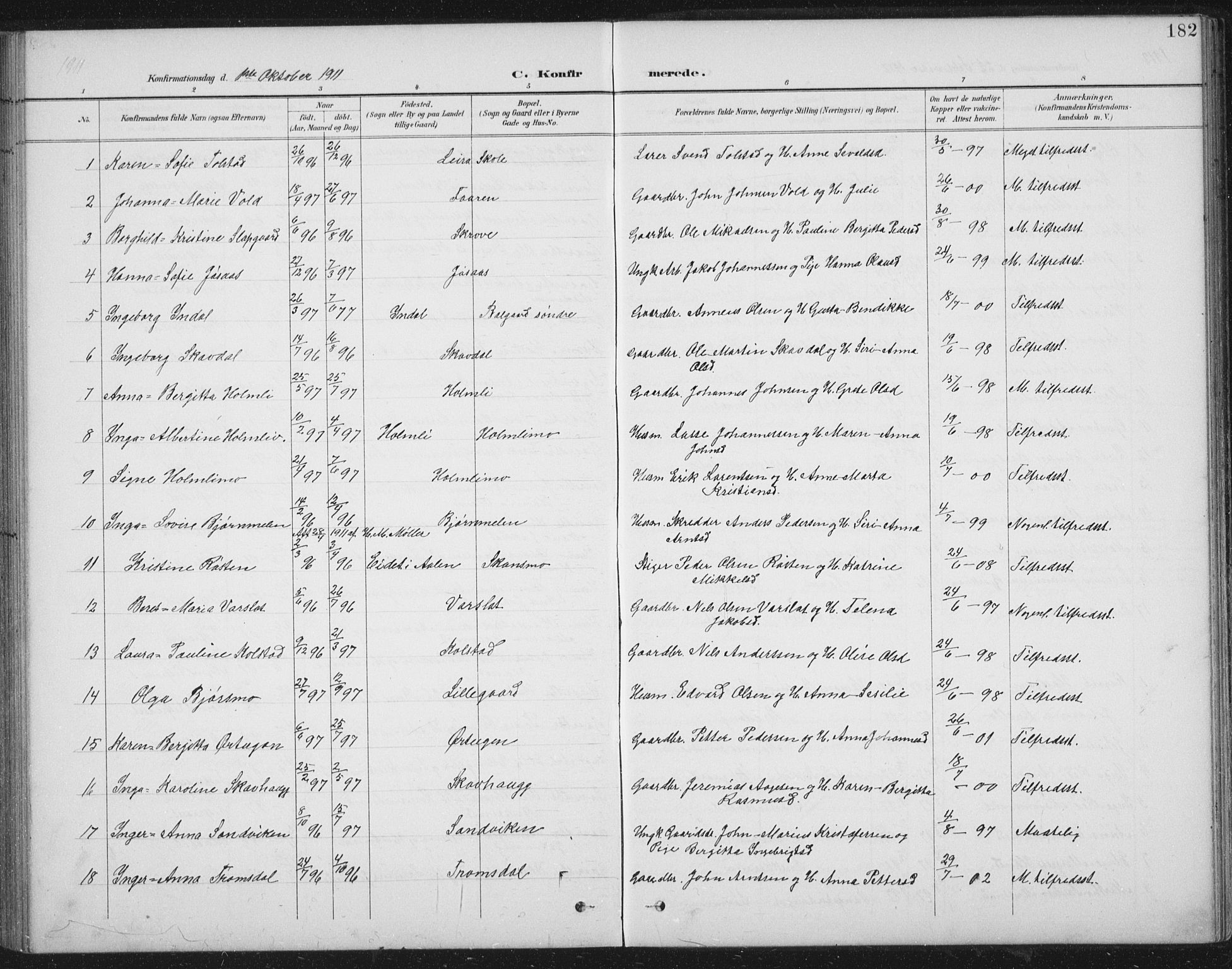 Ministerialprotokoller, klokkerbøker og fødselsregistre - Nord-Trøndelag, SAT/A-1458/724/L0269: Parish register (copy) no. 724C05, 1899-1920, p. 182