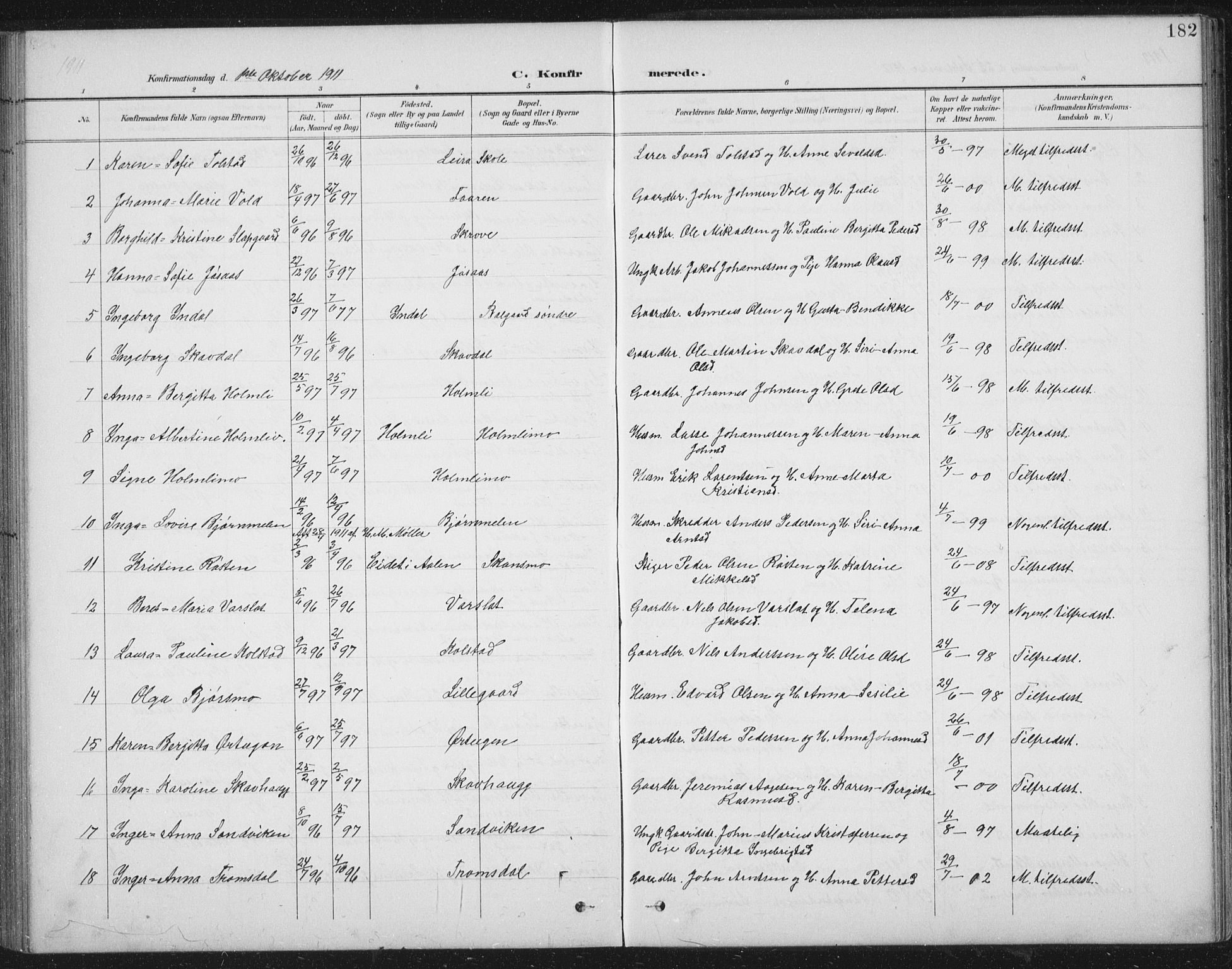 Ministerialprotokoller, klokkerbøker og fødselsregistre - Nord-Trøndelag, AV/SAT-A-1458/724/L0269: Parish register (copy) no. 724C05, 1899-1920, p. 182