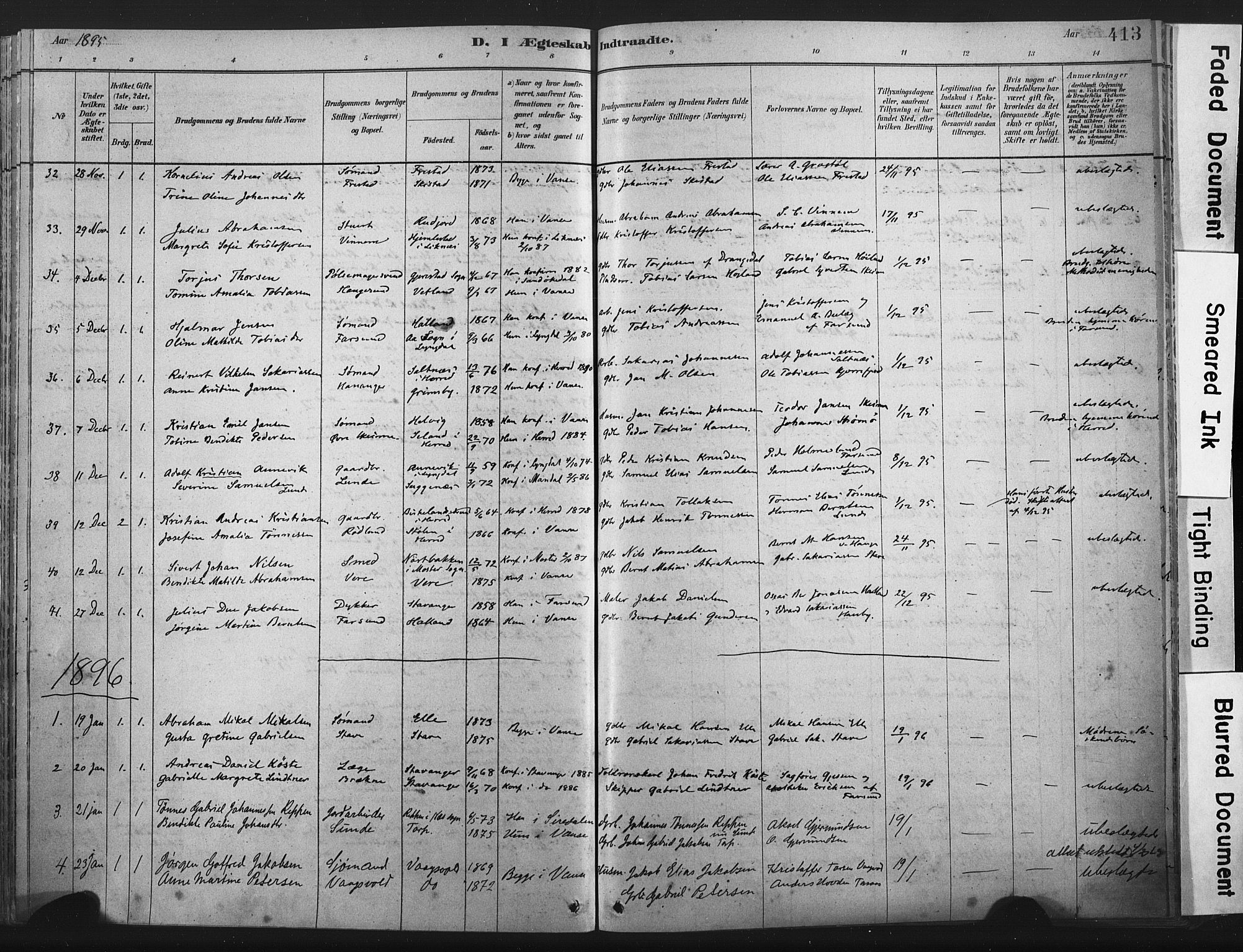 Lista sokneprestkontor, AV/SAK-1111-0027/F/Fa/L0012: Parish register (official) no. A 12, 1879-1903, p. 413