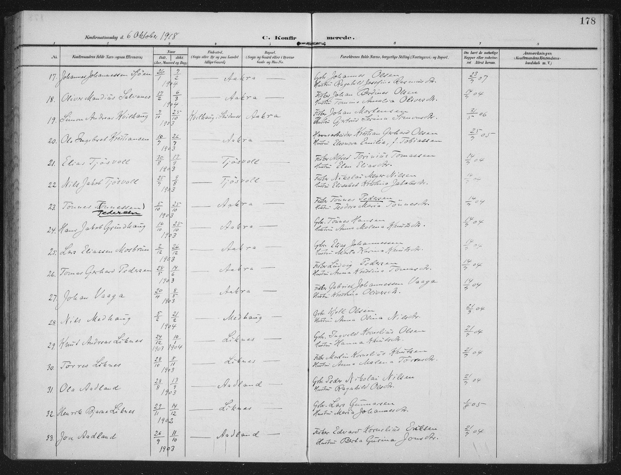 Kopervik sokneprestkontor, AV/SAST-A-101850/H/Ha/Haa/L0005: Parish register (official) no. A 5, 1906-1924, p. 178