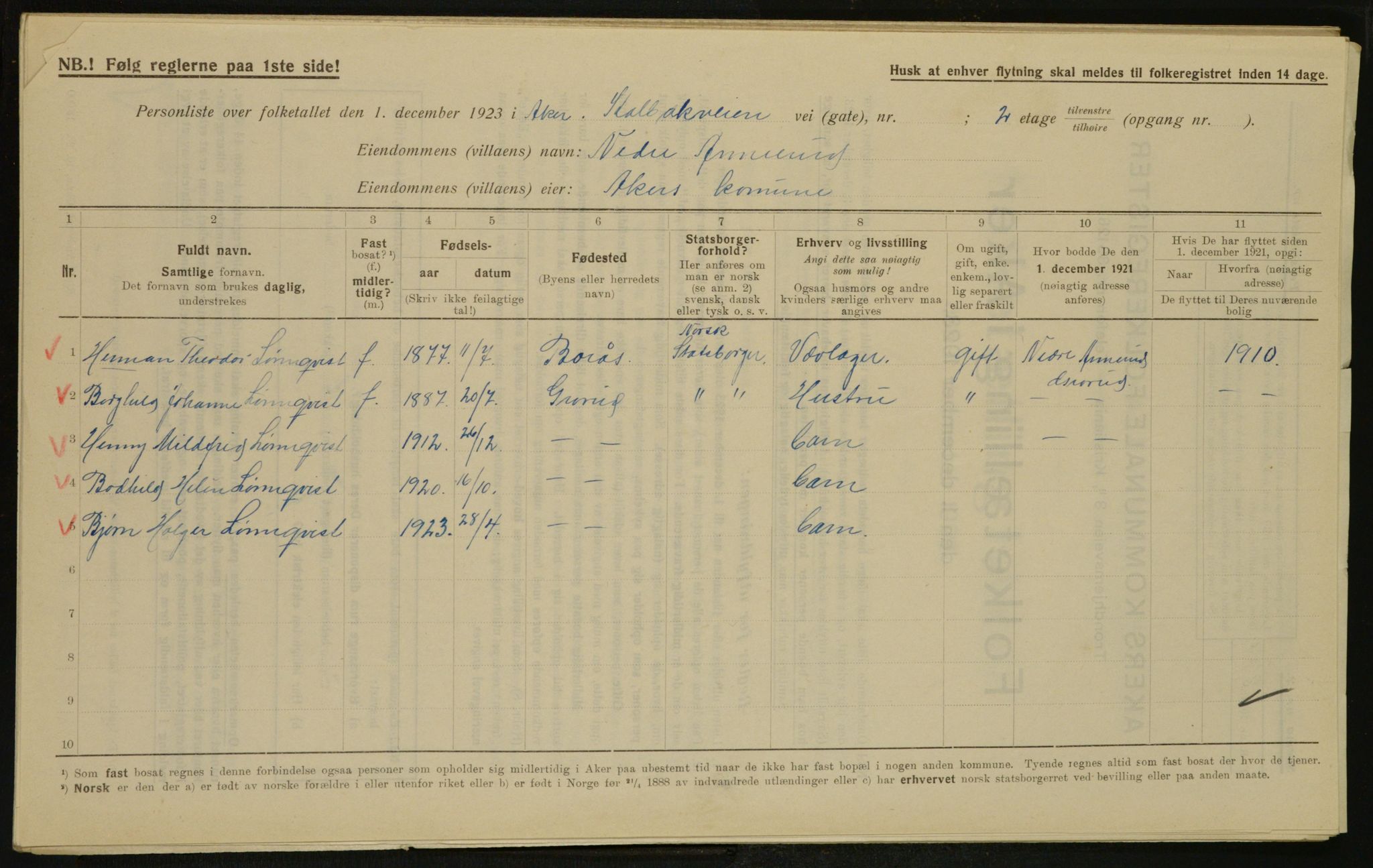 , Municipal Census 1923 for Aker, 1923, p. 28168