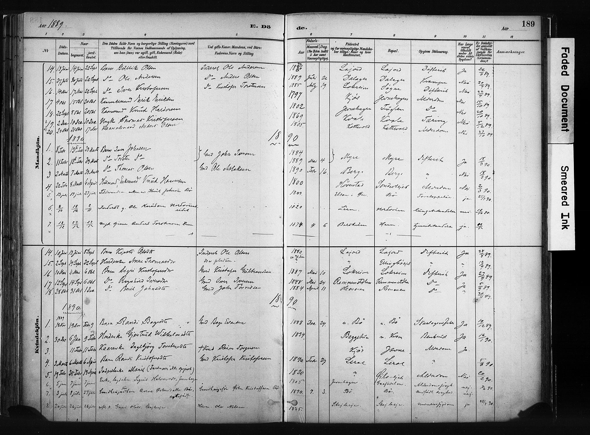Vang prestekontor, Valdres, SAH/PREST-140/H/Ha/L0008: Parish register (official) no. 8, 1882-1910, p. 189